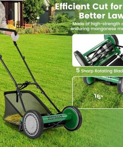 Goplus Manual Lawn Mower, 16 Inch 5-Blade Walk-Behind Cordless Grass Cutter with 7 Gallon Removable Grass Collect Bag, Adjustable Cutting Heights, Push Reel Lawn Mower for Yard, Garden - 4