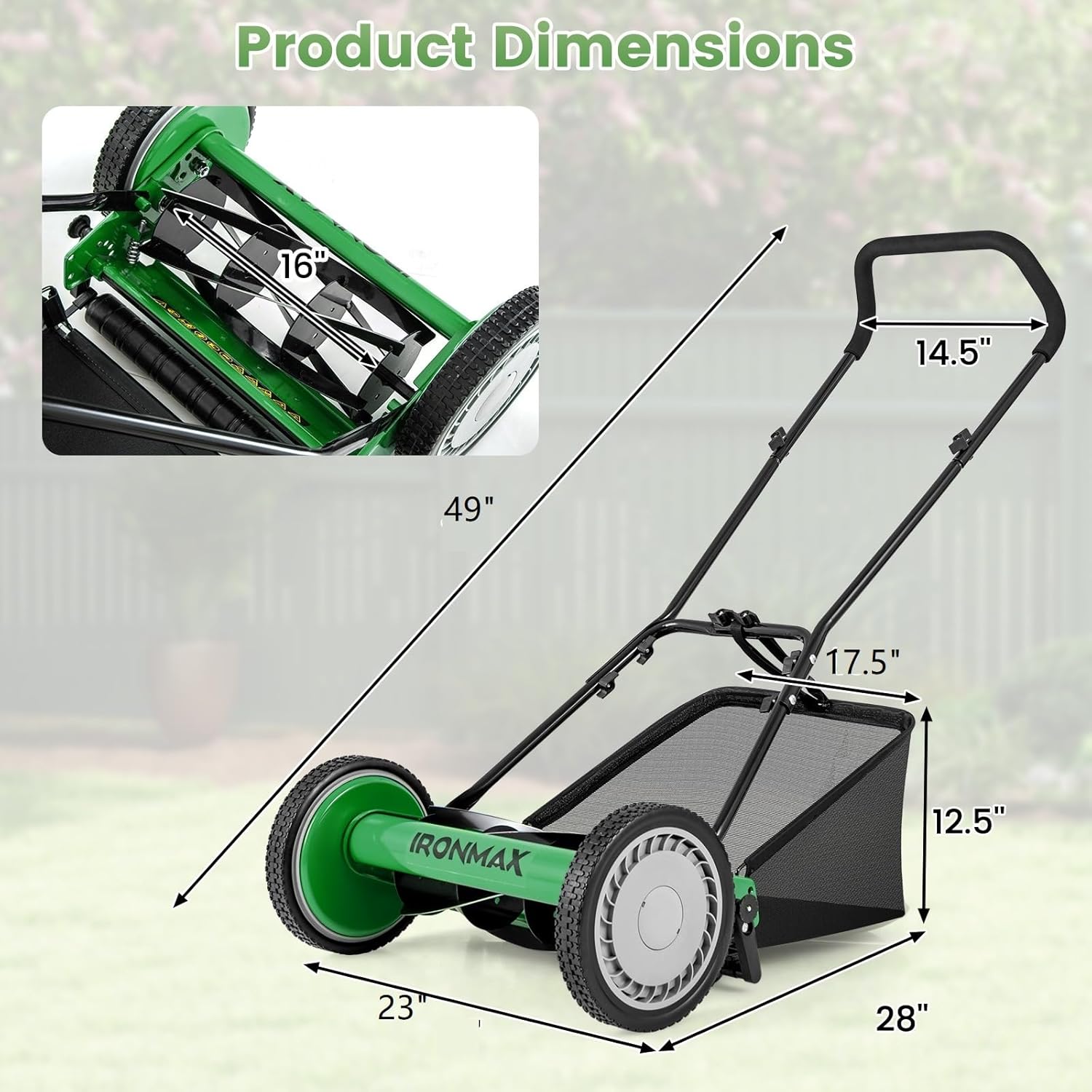 Goplus Manual Lawn Mower, 16 Inch 5-Blade Walk-Behind Cordless Grass Cutter with 7 Gallon Removable Grass Collect Bag, Adjustable Cutting Heights, Push Reel Lawn Mower for Yard, Garden - 5