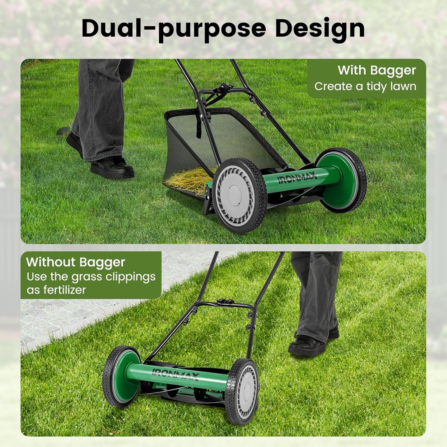 Goplus Manual Lawn Mower, 16 Inch 5-Blade Walk-Behind Cordless Grass Cutter with 7 Gallon Removable Grass Collect Bag, Adjustable Cutting Heights, Push Reel Lawn Mower for Yard, Garden - 7