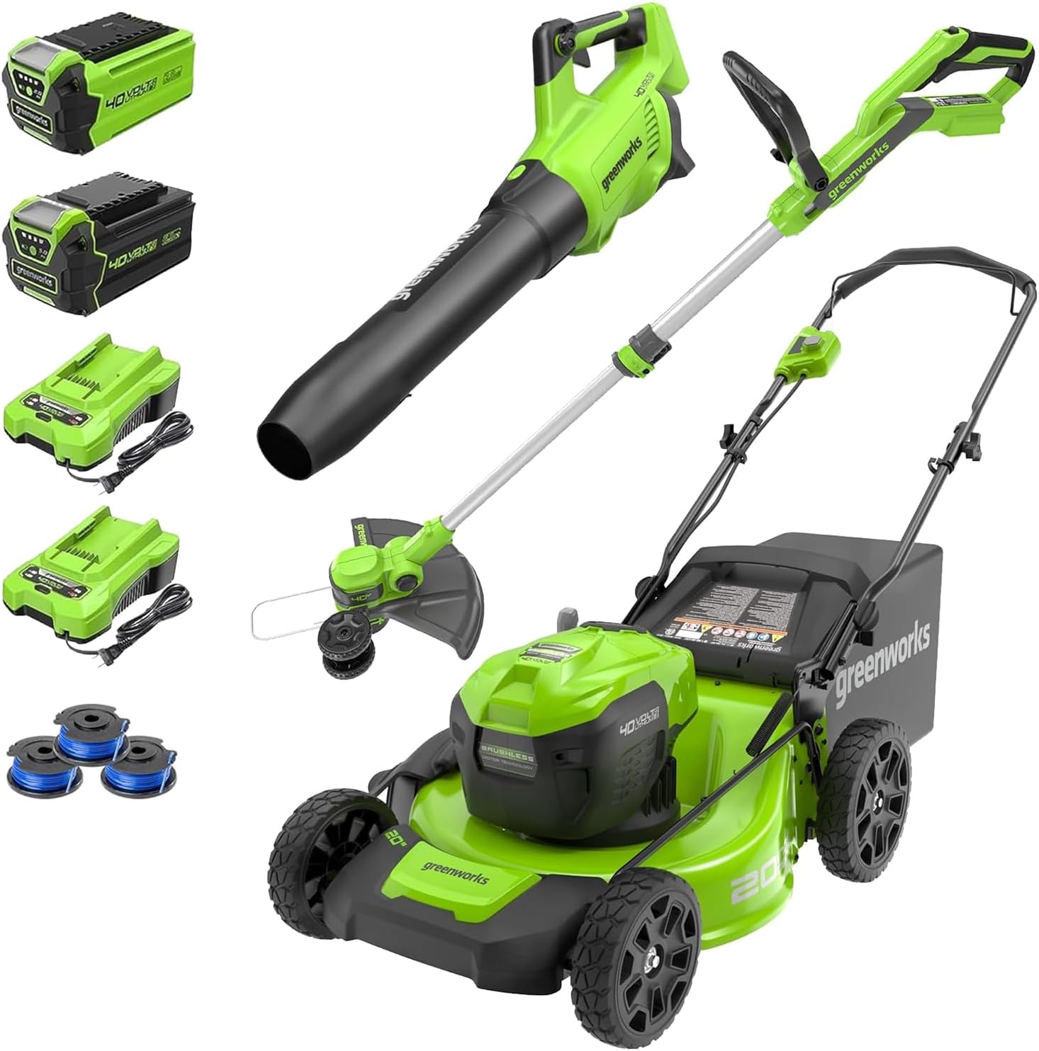 Greenworks 40V 20 Cordless Push Lawn Mower Bundle with Axial Leaf Blower(500 CFM - 120 MPH), 12 String Trimmer, 5Ah + 2Ah Batteries & Chargers - 1