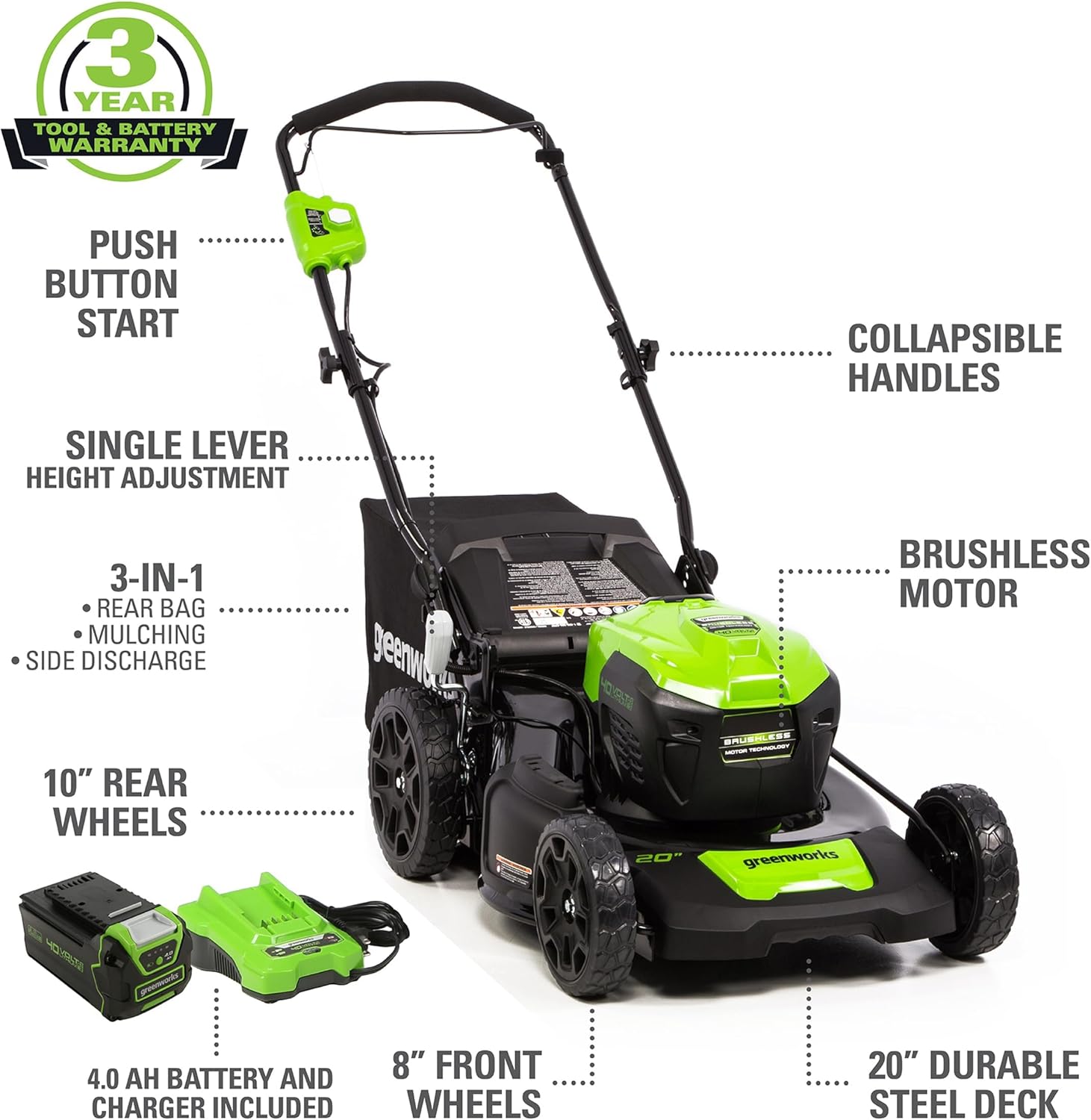 Greenworks 40V 20 Cordless Push Lawn Mower Bundle with Axial Leaf Blower(500 CFM - 120 MPH), 12 String Trimmer, 5Ah + 2Ah Batteries & Chargers - 2