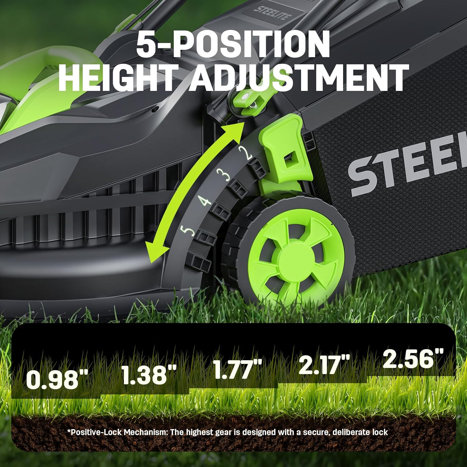 STEELITE 21V 13-Inch Brushless Electric Lawn Mower, Cordless Push Mower with 4.0Ah Battery & Charger, 5-Level Height Adjustment, Mulching-Bagging, for Small Yard - 3