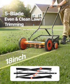VEVOR Push Reel Lawn Mower 18 inch, 5 Blades Manual Push Mower No Motor, 1.37-2.44 in Adjustable Cutting Height, Walk-Behind Lawn Mowers with Grass Catcher Bag for Green Lawns - 2