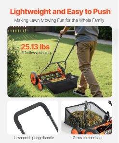 VEVOR Push Reel Lawn Mower 18 inch, 5 Blades Manual Push Mower No Motor, 1.37-2.44 in Adjustable Cutting Height, Walk-Behind Lawn Mowers with Grass Catcher Bag for Green Lawns - 5
