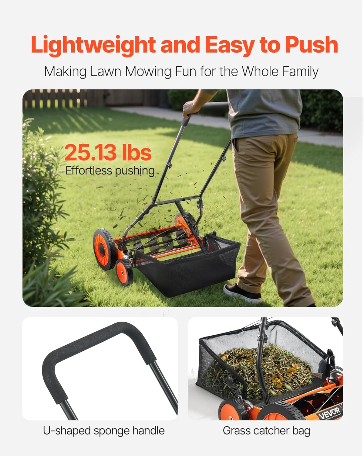 VEVOR Push Reel Lawn Mower 18 inch, 5 Blades Manual Push Mower No Motor, 1.37-2.44 in Adjustable Cutting Height, Walk-Behind Lawn Mowers with Grass Catcher Bag for Green Lawns - 5