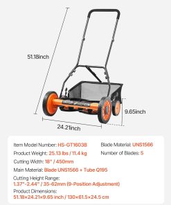 VEVOR Push Reel Lawn Mower 18 inch, 5 Blades Manual Push Mower No Motor, 1.37-2.44 in Adjustable Cutting Height, Walk-Behind Lawn Mowers with Grass Catcher Bag for Green Lawns - 6