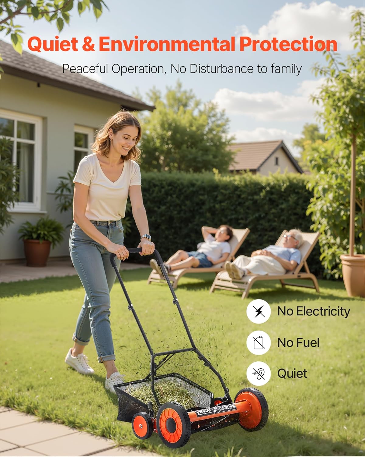 VEVOR Push Reel Lawn Mower 18 inch, 5 Blades Manual Push Mower No Motor, 1.37-2.44 in Adjustable Cutting Height, Walk-Behind Lawn Mowers with Grass Catcher Bag for Green Lawns - 7