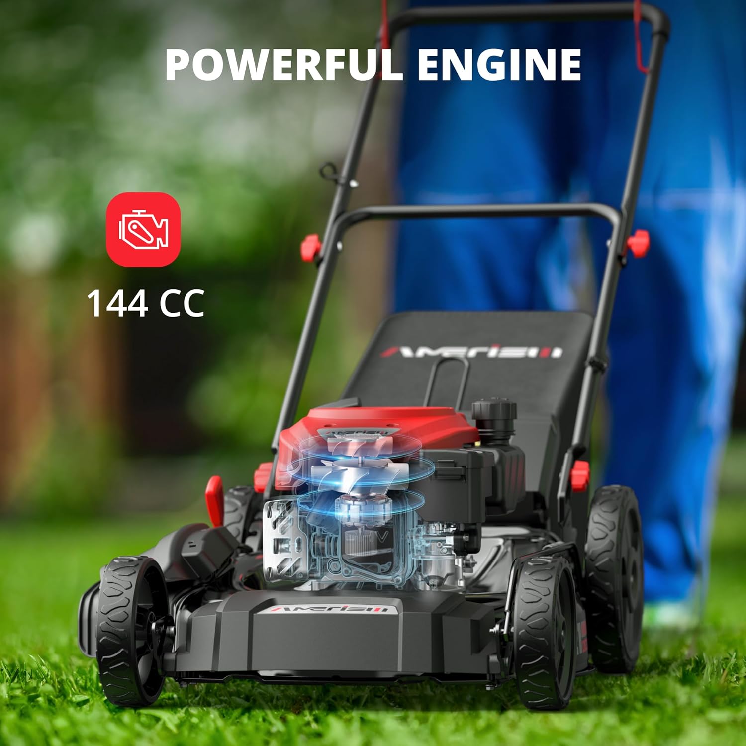 21-Inch 3IN1 Push Gas Lawn Mower with Mulching, Bagging & Side Discharge, 144cc 4-Stroke OHV Engine, Adjustable 6-Height Cutting, 1.4 Bushel Grass Catcher, Residential Yard & Garden Use - Image 3