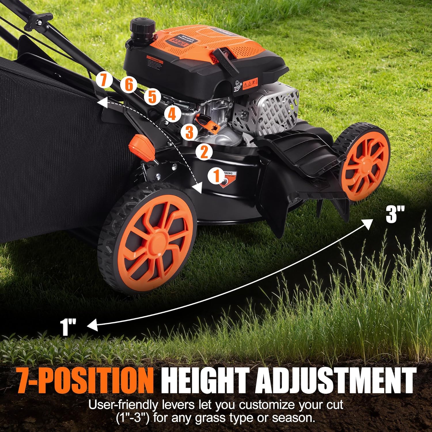 21" Self-Propelled Gas Lawn Mower, 170cc 4-Stroke Engine, 7-Position Cutting Height, 3-in-1 Versatile Mulching Bagging Discharging, 1.9 Bushels Large Grass Collector - Image 4