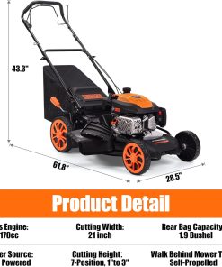 Alternative view of 21" Self-Propelled Gas Lawn Mower, 170cc 4-Stroke Engine, 7-Position Cutting Height, 3-in-1 Versatile Mulching Bagging Discharging, 1.9 Bushels Large Grass Collector