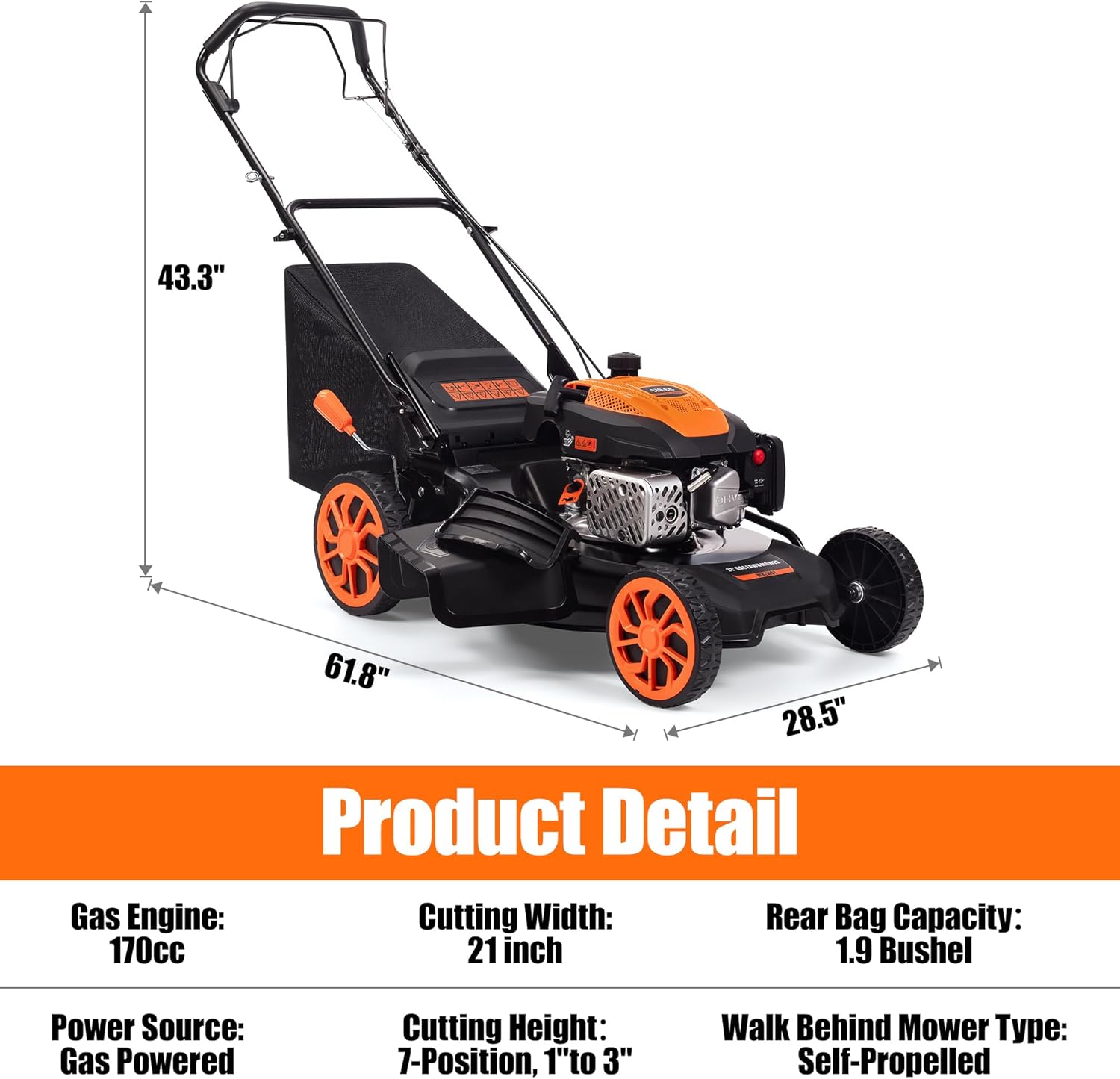 21" Self-Propelled Gas Lawn Mower, 170cc 4-Stroke Engine, 7-Position Cutting Height, 3-in-1 Versatile Mulching Bagging Discharging, 1.9 Bushels Large Grass Collector - Image 2