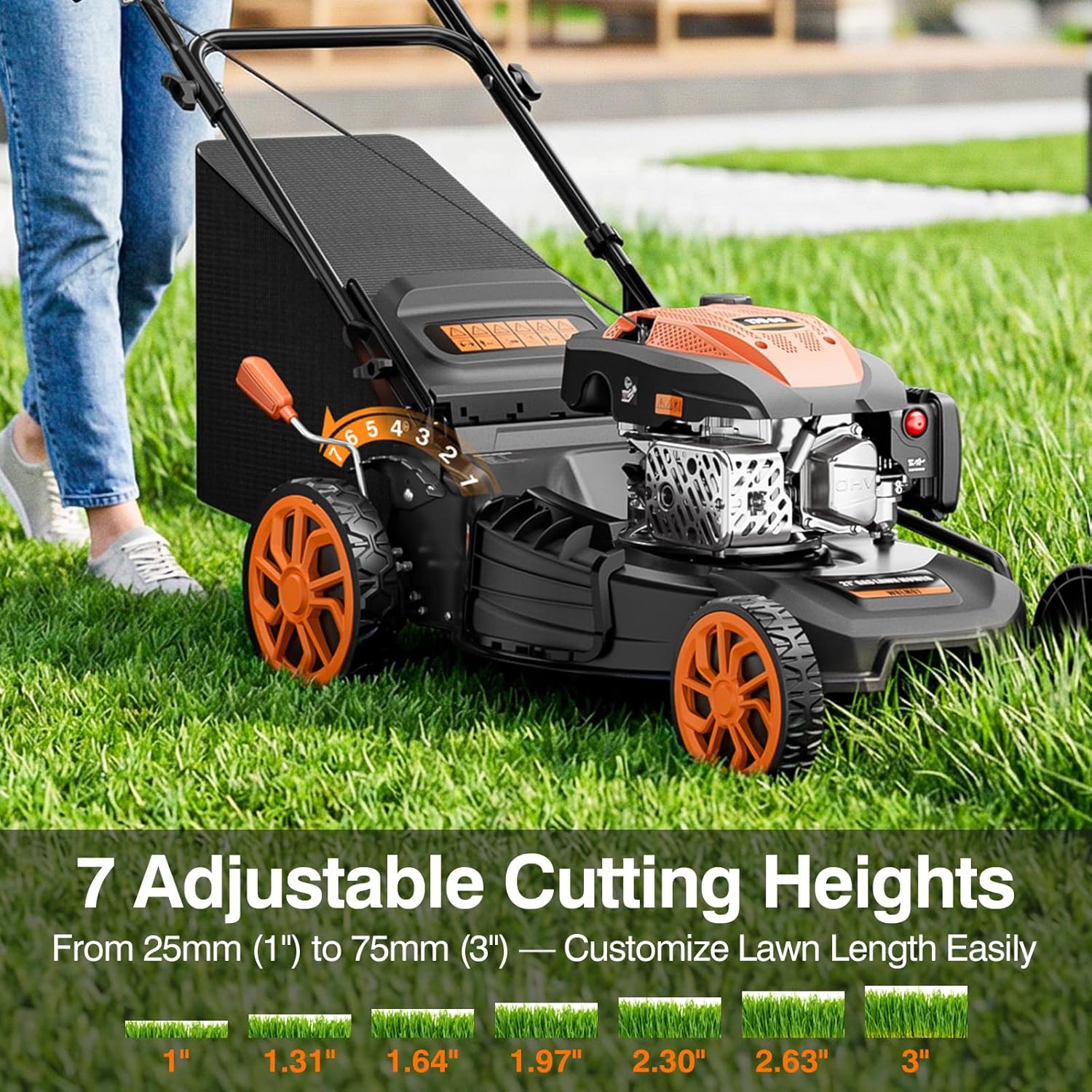 21" Self-Propelled Lawn Mower Gas, 170CC 4-in-1 Mulch/Rear Bag/Side Discharge/Rear Discharge, Walk-Behind Lawnmower with 7-Position Cutting Height, Foldable Gas Lawn Mowers for Yard Garden - Image 6