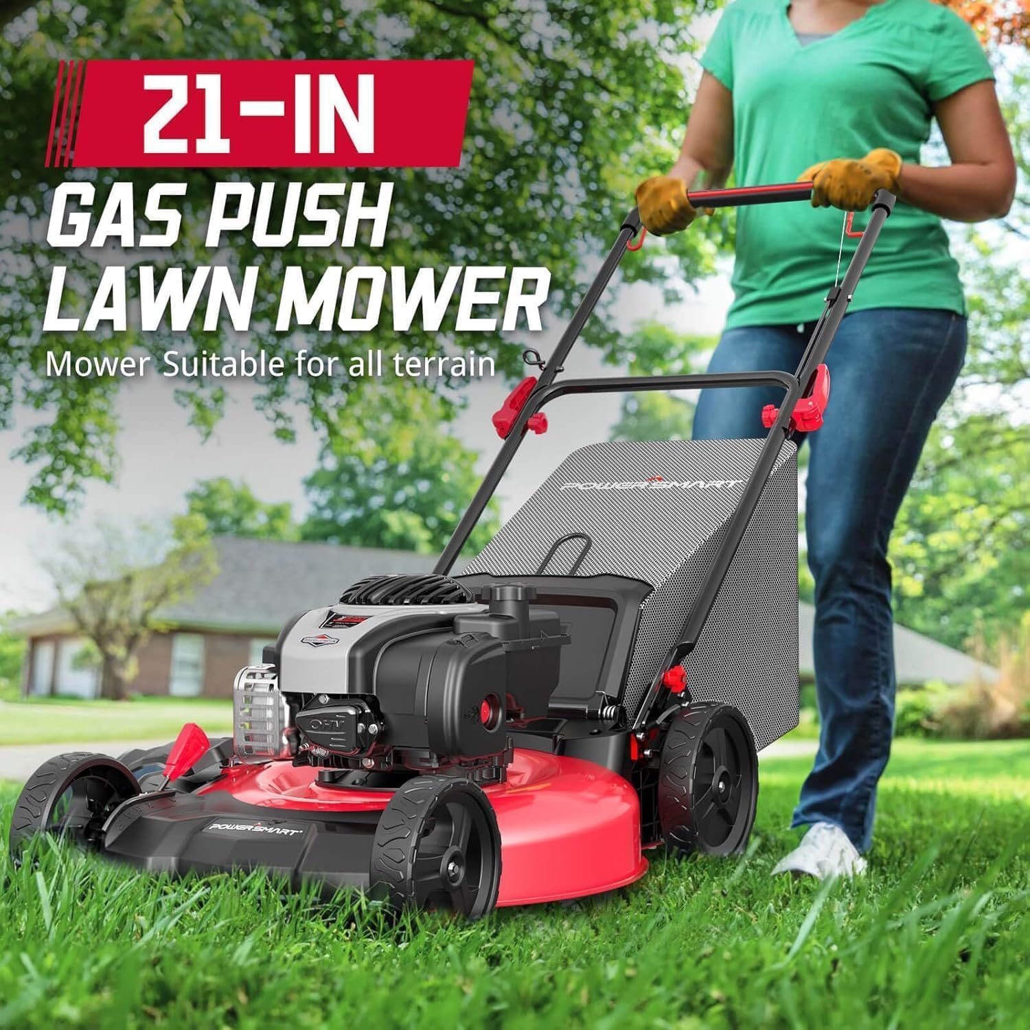 PowerSmart 21" 3-in-1 Gas Push Lawn Mower with 140cc 4-Stroke Engine - Wide Cutting Deck, 6 Height Adjustments, Mulching Capability - Image 5
