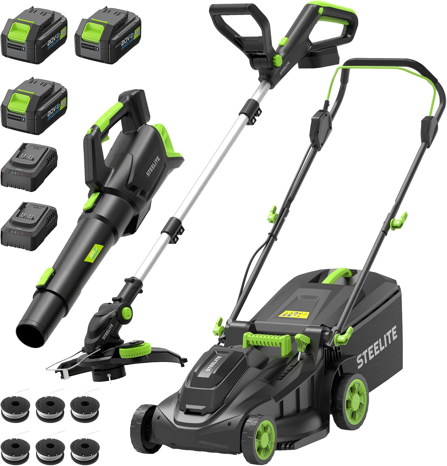 STEELITE 40V 17-inch Electric Lawn Mower, 12-Inch Cordless String Trimmer and 500CFM Leaf Blower Combo, Cordless Lawn Mower Set with 3x4.0Ah Batteries and Dual Chargers - 1
