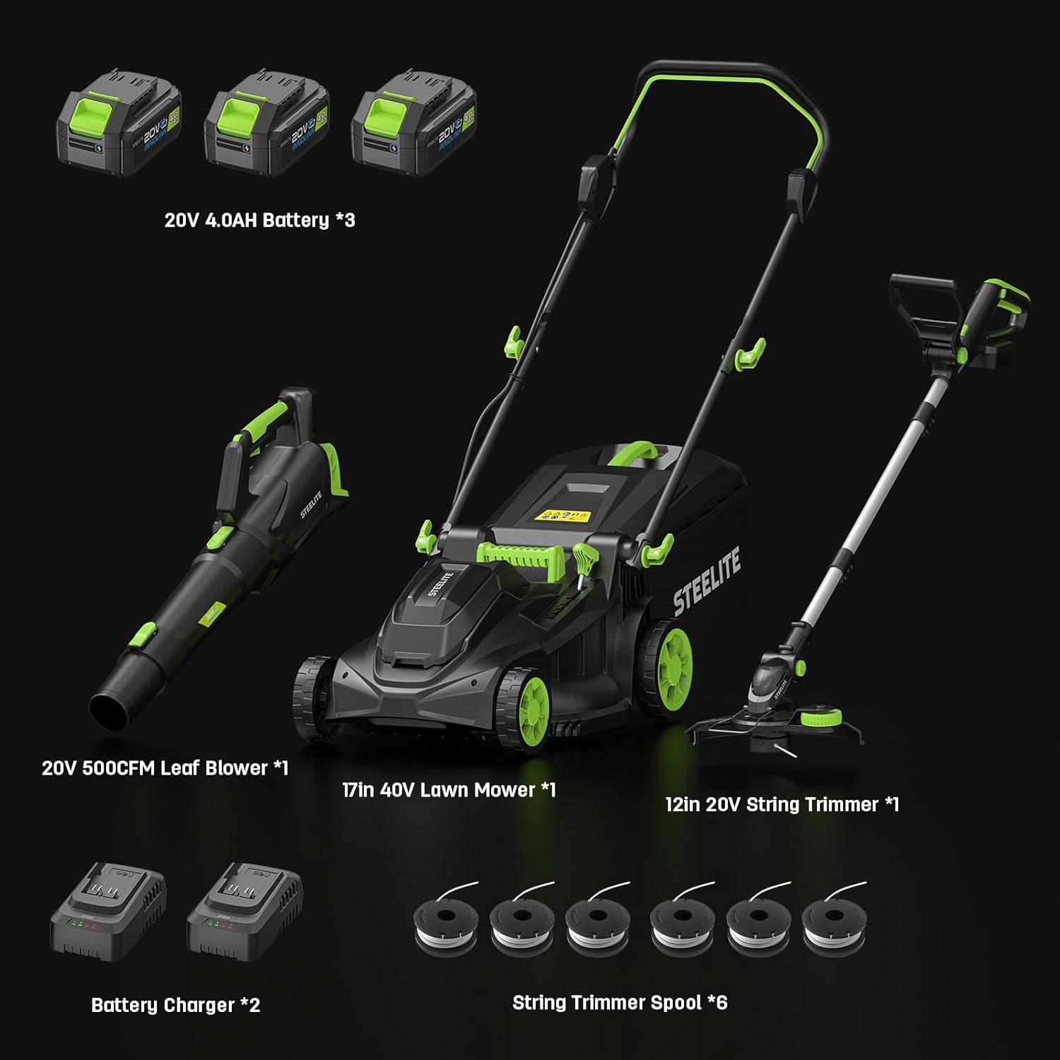 STEELITE 40V 17-inch Electric Lawn Mower, 12-Inch Cordless String Trimmer and 500CFM Leaf Blower Combo, Cordless Lawn Mower Set with 3x4.0Ah Batteries and Dual Chargers - Image 9
