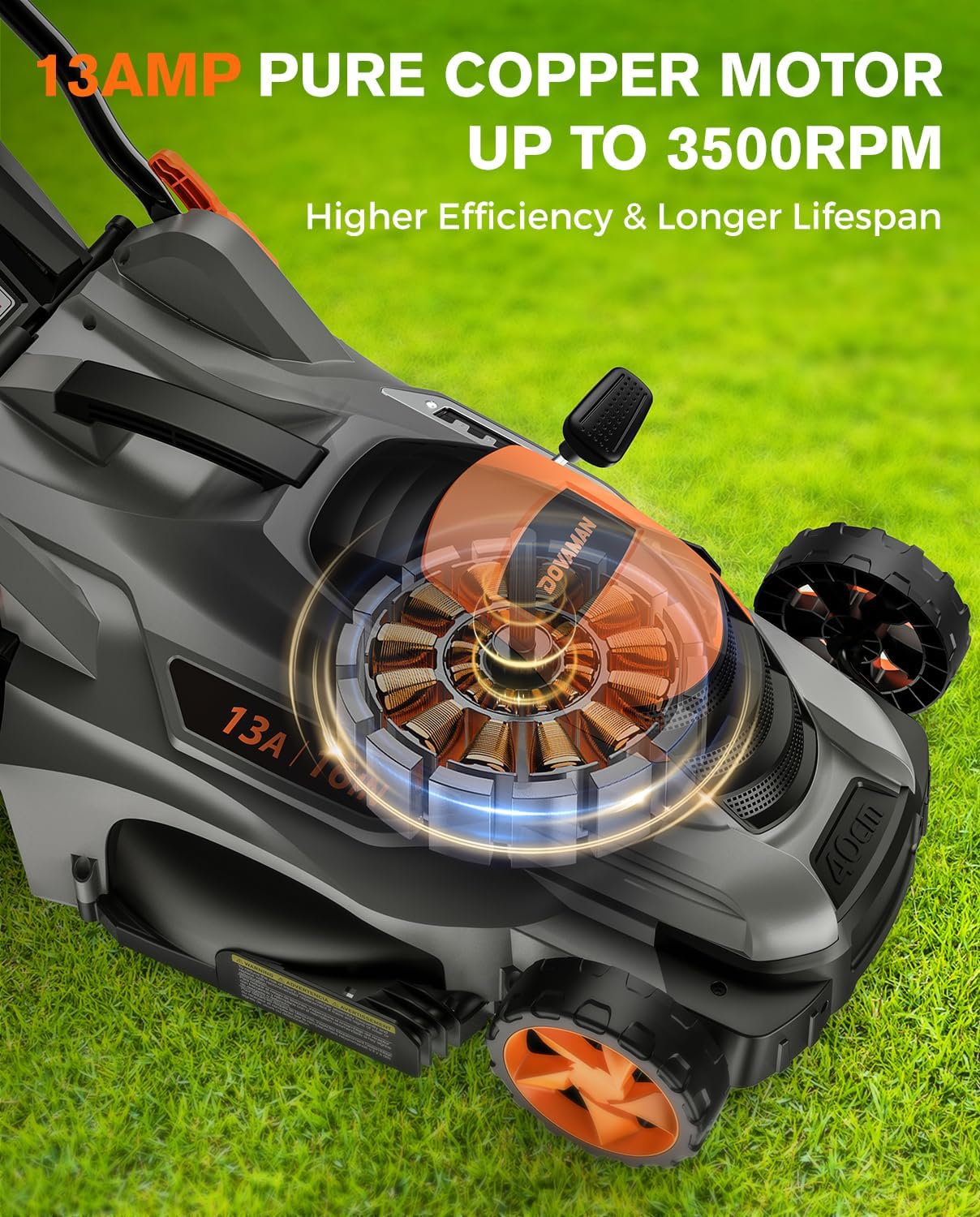 DOVAMAN 13Amp 16" Lawn Mower, 98% Collection, 13.2-Gallon Bag, 5-Position Height Adjustment, 3-Step Quick Vertical Fold Storage, 2-in-1 Mulching & Bagging, Corded Lawn Mower for Your Garden - Image 9