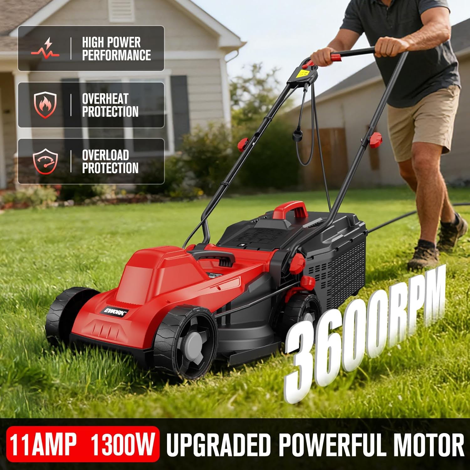 EWORK Corded Electric Lawn Mower 14-Inch, 11Amp Electric Push Mower with 30L Collection Bag, 4-Height Adjustment, Lightweight Lawnmower for Garden, Yard - Image 5