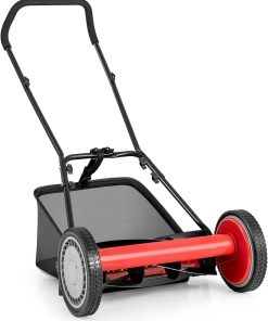 IRONMAX Lawn Mower, 16 Inch Push Reel Lawn Mower with 5 Steel Blades, Adjustable Cutting Heights, Grass Catcher Bag, Walk-Behind Manual Lawnmower for Garden Park Yard, No Motor (Red, 16 Inch) - 1