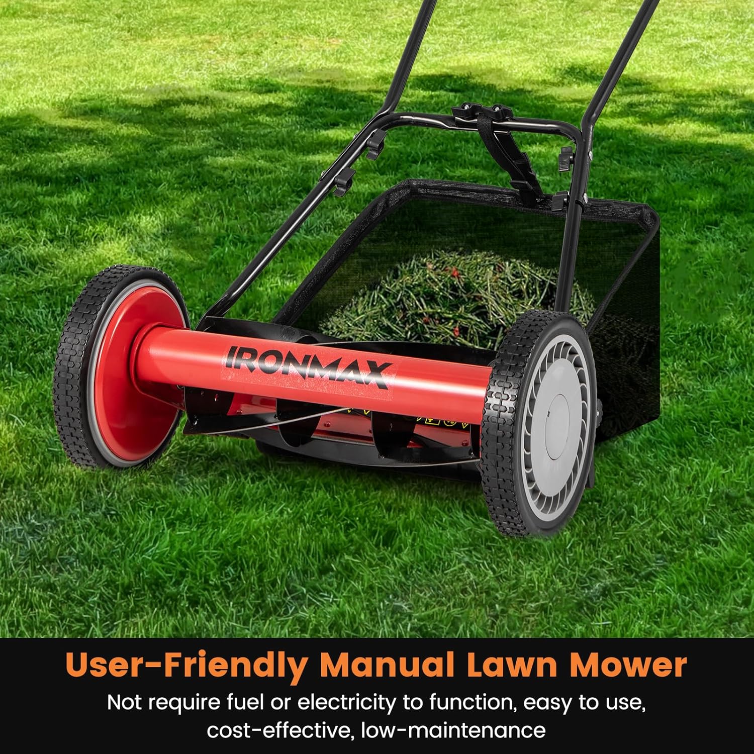 IRONMAX Lawn Mower, 16 Inch Push Reel Lawn Mower with 5 Steel Blades, Adjustable Cutting Heights, Grass Catcher Bag, Walk-Behind Manual Lawnmower for Garden Park Yard, No Motor (Red, 16 Inch) - Image 9