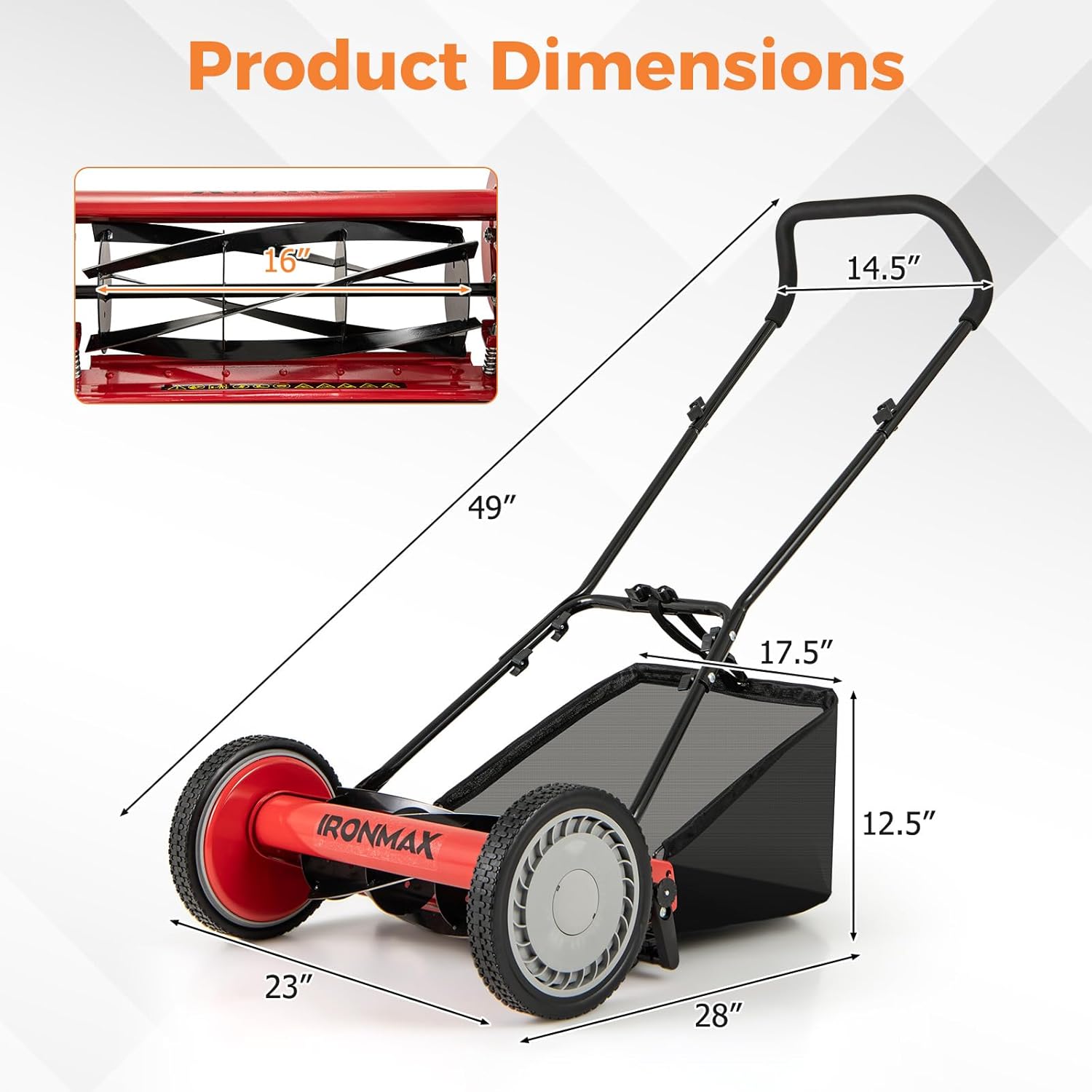 IRONMAX Lawn Mower, 16 Inch Push Reel Lawn Mower with 5 Steel Blades, Adjustable Cutting Heights, Grass Catcher Bag, Walk-Behind Manual Lawnmower for Garden Park Yard, No Motor (Red, 16 Inch) - Image 8