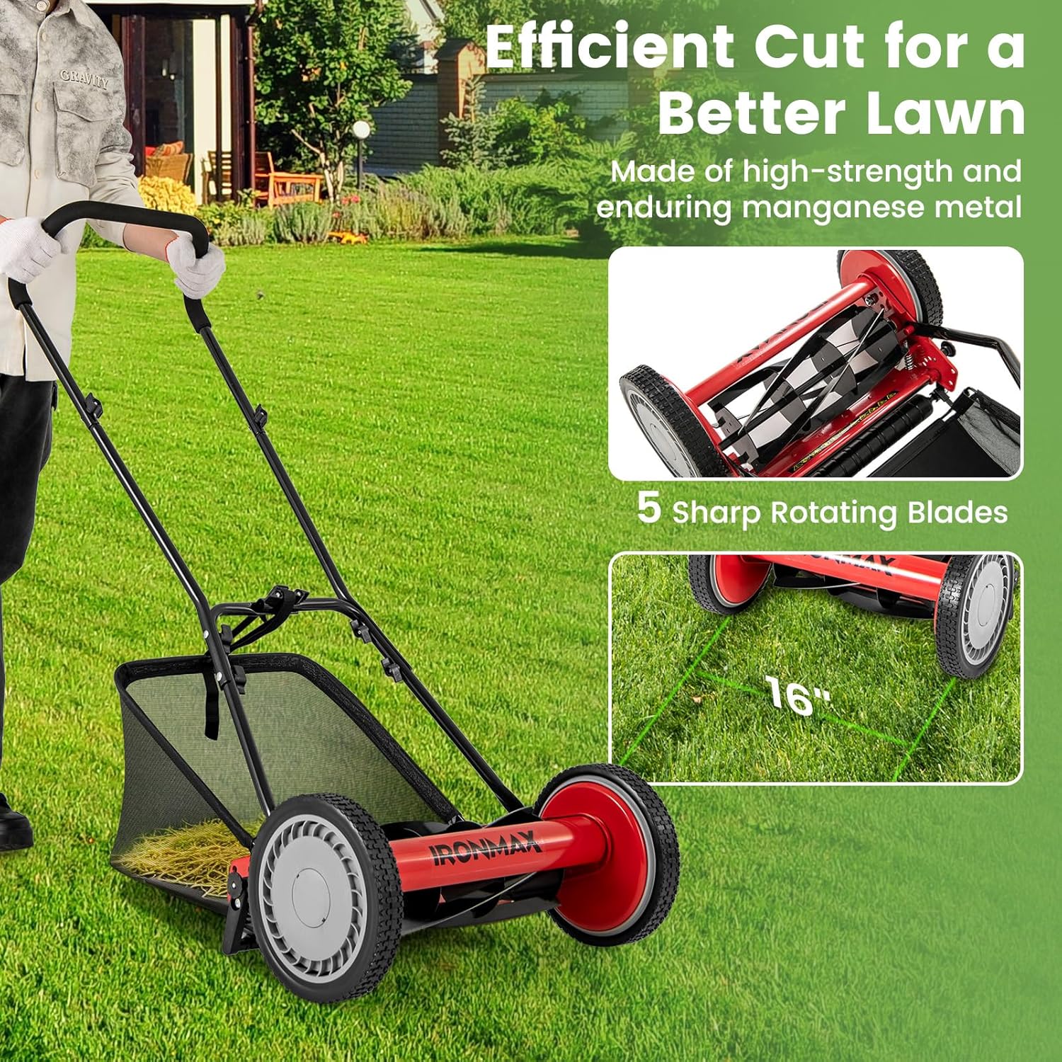 IRONMAX Lawn Mower, 16 Inch Push Reel Lawn Mower with 5 Steel Blades, Adjustable Cutting Heights, Grass Catcher Bag, Walk-Behind Manual Lawnmower for Garden Park Yard, No Motor (Red, 16 Inch) - Image 7