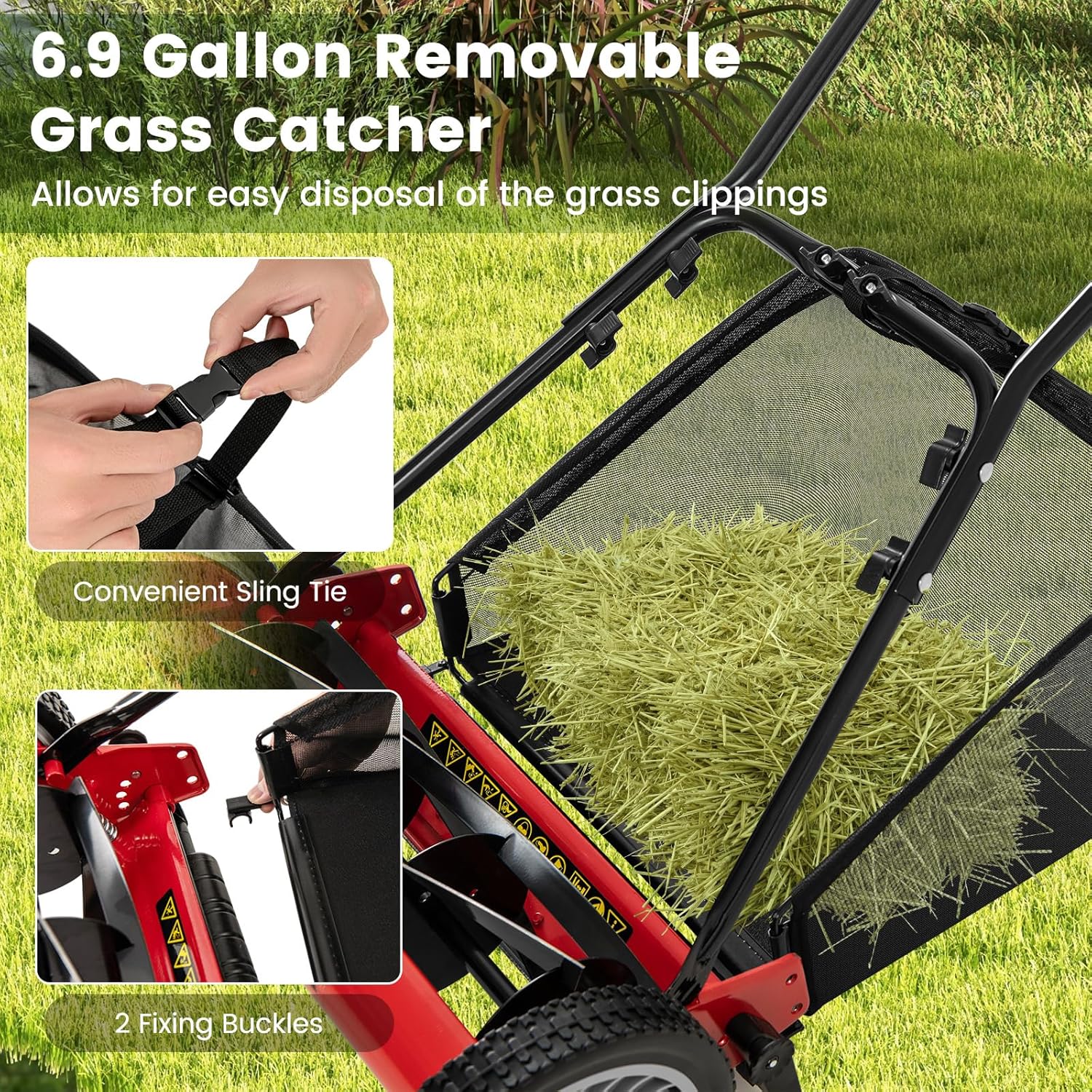 IRONMAX Lawn Mower, 16 Inch Push Reel Lawn Mower with 5 Steel Blades, Adjustable Cutting Heights, Grass Catcher Bag, Walk-Behind Manual Lawnmower for Garden Park Yard, No Motor (Red, 16 Inch) - Image 5