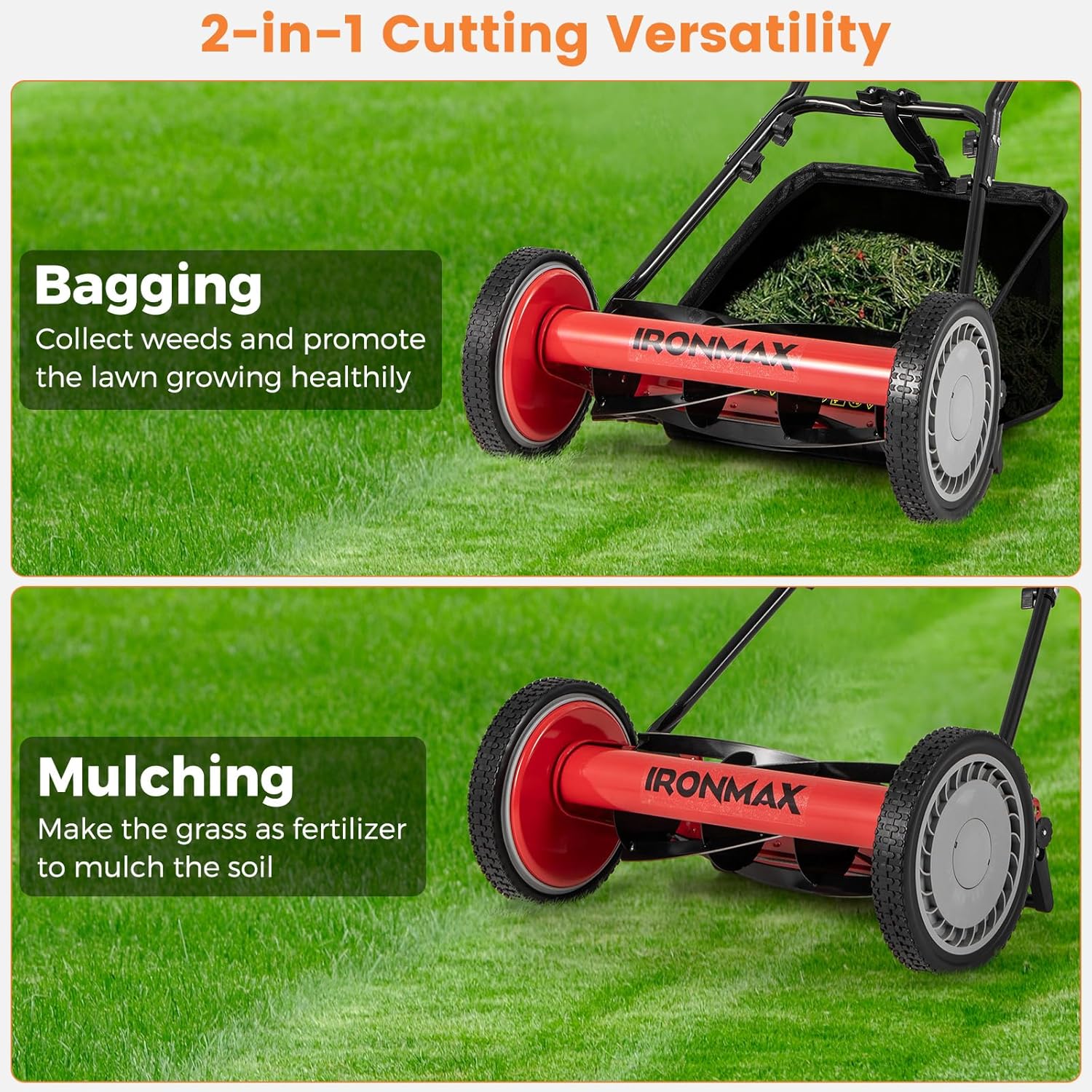 IRONMAX Lawn Mower, 16 Inch Push Reel Lawn Mower with 5 Steel Blades, Adjustable Cutting Heights, Grass Catcher Bag, Walk-Behind Manual Lawnmower for Garden Park Yard, No Motor (Red, 16 Inch) - Image 4