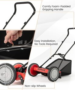 Alternative view of IRONMAX Lawn Mower, 16 Inch Push Reel Lawn Mower with 5 Steel Blades, Adjustable Cutting Heights, Grass Catcher Bag, Walk-Behind Manual Lawnmower for Garden Park Yard, No Motor (Red, 16 Inch)