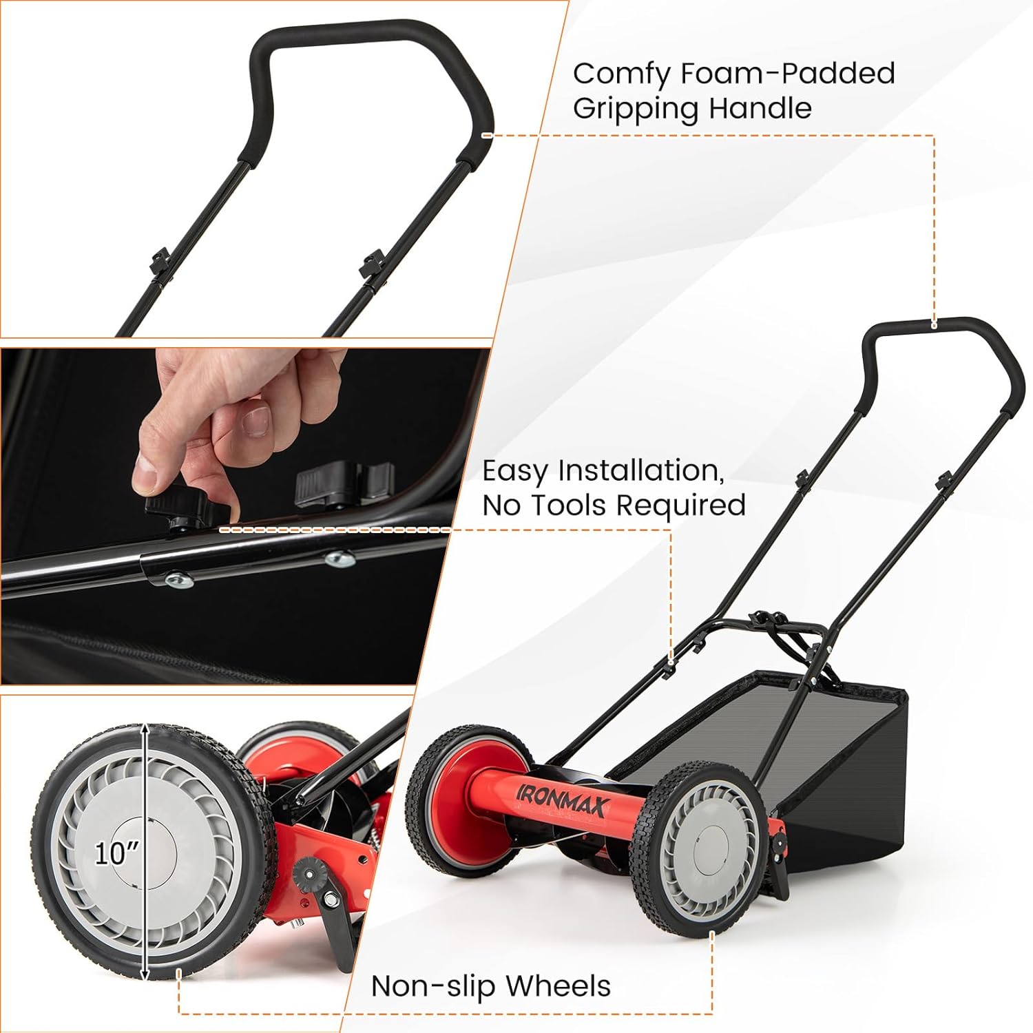 IRONMAX Lawn Mower, 16 Inch Push Reel Lawn Mower with 5 Steel Blades, Adjustable Cutting Heights, Grass Catcher Bag, Walk-Behind Manual Lawnmower for Garden Park Yard, No Motor (Red, 16 Inch) - Image 2