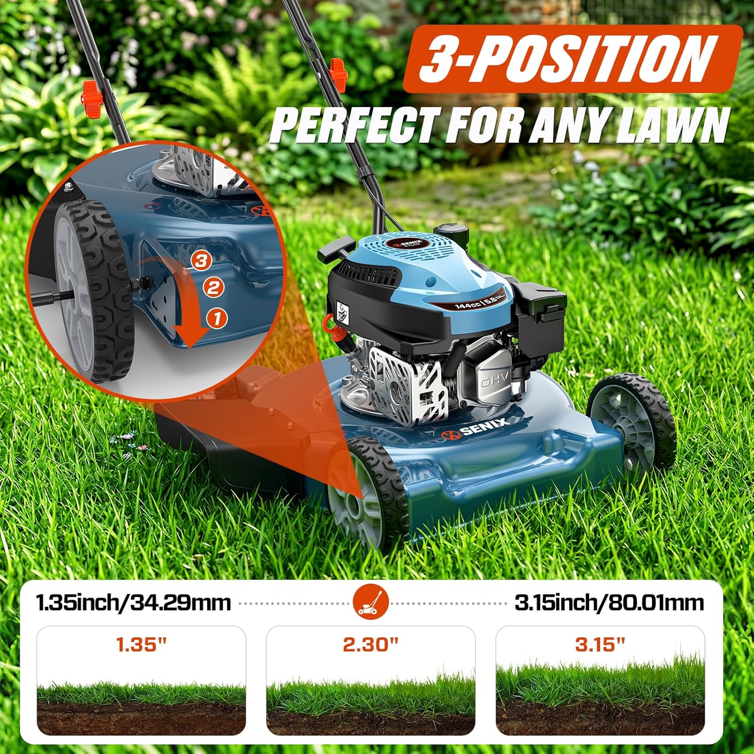 SENIX 20" Gas Lawn Mower, 144 cc Gas Powered Lawnmower, 4-Cycle Engine Walk-Behind Push Lawn Mowers, 3 Cutting Height, Lightweight,for Garden Yard - Image 7