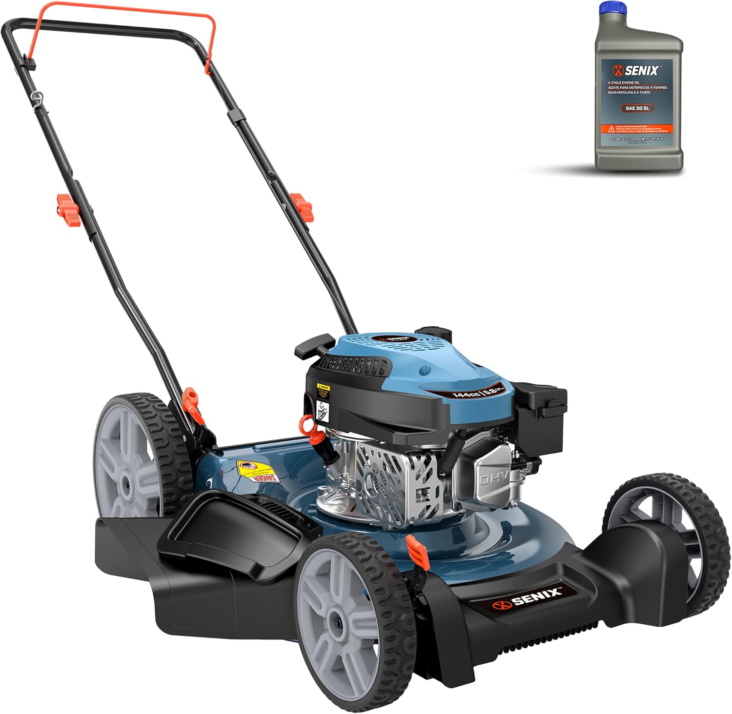 SENIX 21-Inch Gas Lawn Mower, 144cc 4-Cycle Engine, 2-in-1 Mulching & Side Discharge, 6-Position Height Adjustment, Push Walk-Behind Mower for Residential Yard & Garden - 1