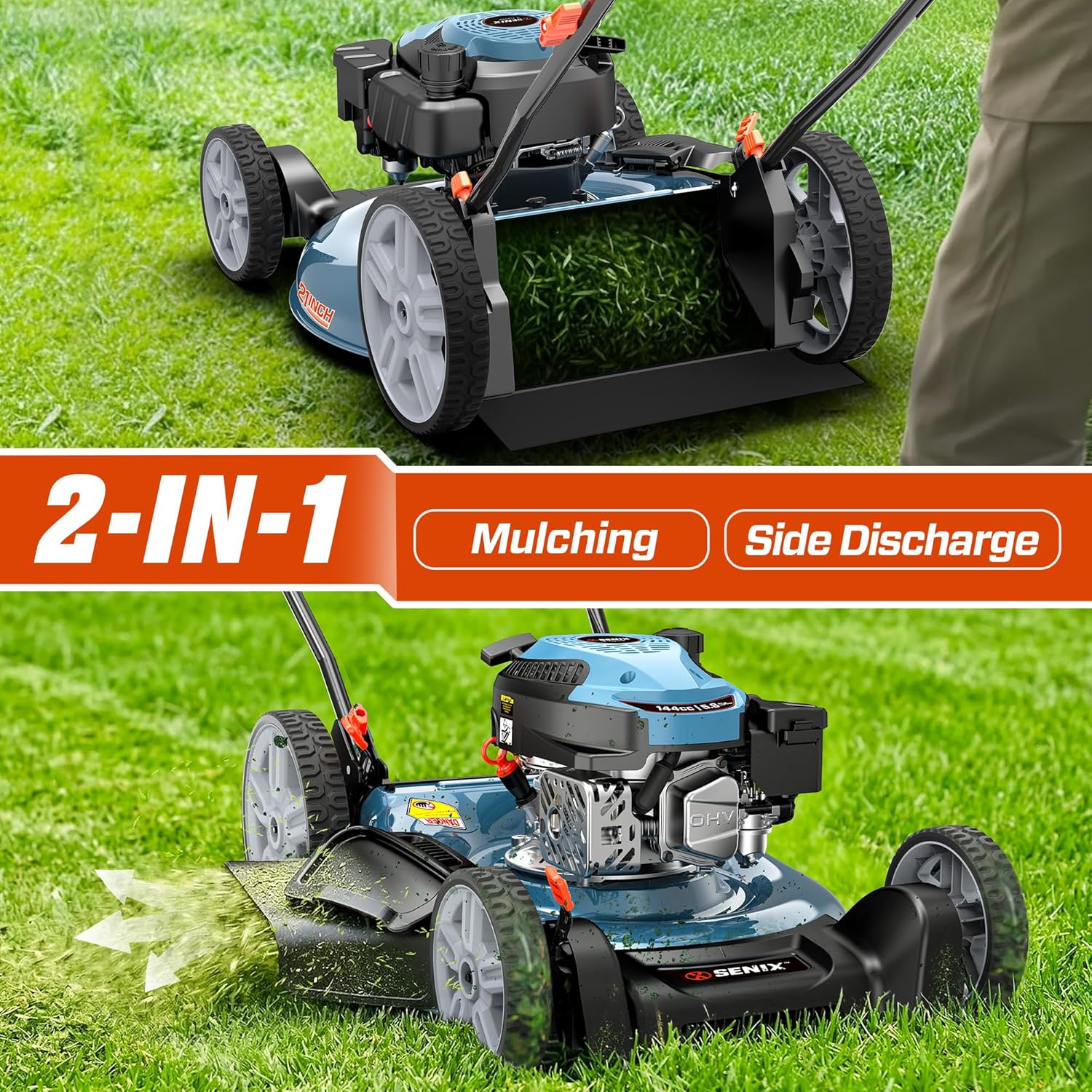 SENIX 21-Inch Gas Lawn Mower, 144cc 4-Cycle Engine, 2-in-1 Mulching & Side Discharge, 6-Position Height Adjustment, Push Walk-Behind Mower for Residential Yard & Garden - Image 7