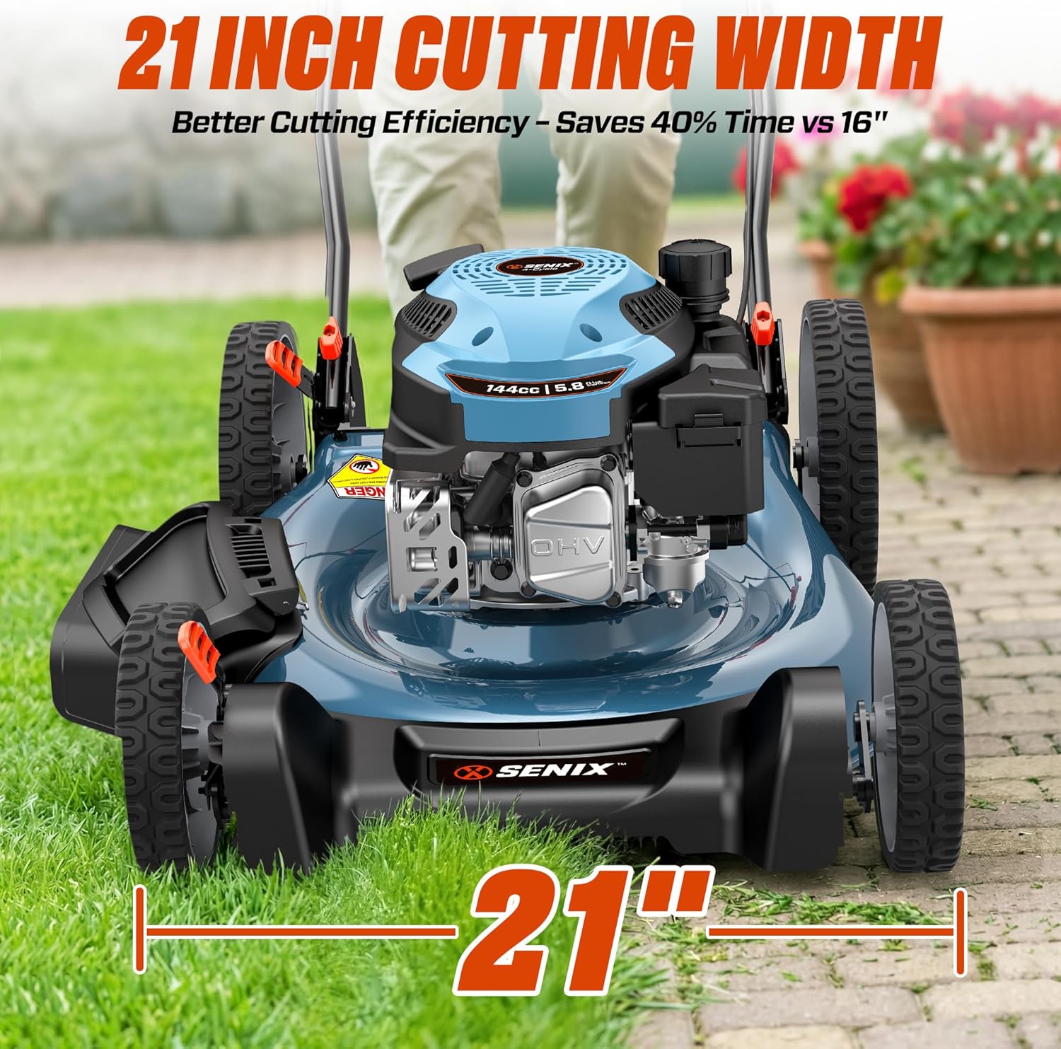 SENIX 21-Inch Gas Lawn Mower, 144cc 4-Cycle Engine, 2-in-1 Mulching & Side Discharge, 6-Position Height Adjustment, Push Walk-Behind Mower for Residential Yard & Garden - Image 2
