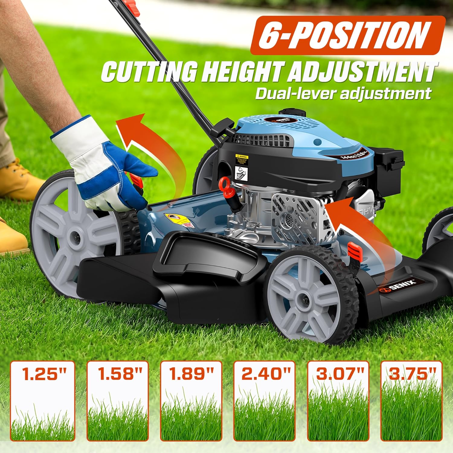 SENIX 21-Inch Gas Lawn Mower, 144cc 4-Cycle Engine, 2-in-1 Mulching & Side Discharge, 6-Position Height Adjustment, Push Walk-Behind Mower for Residential Yard & Garden - Image 3