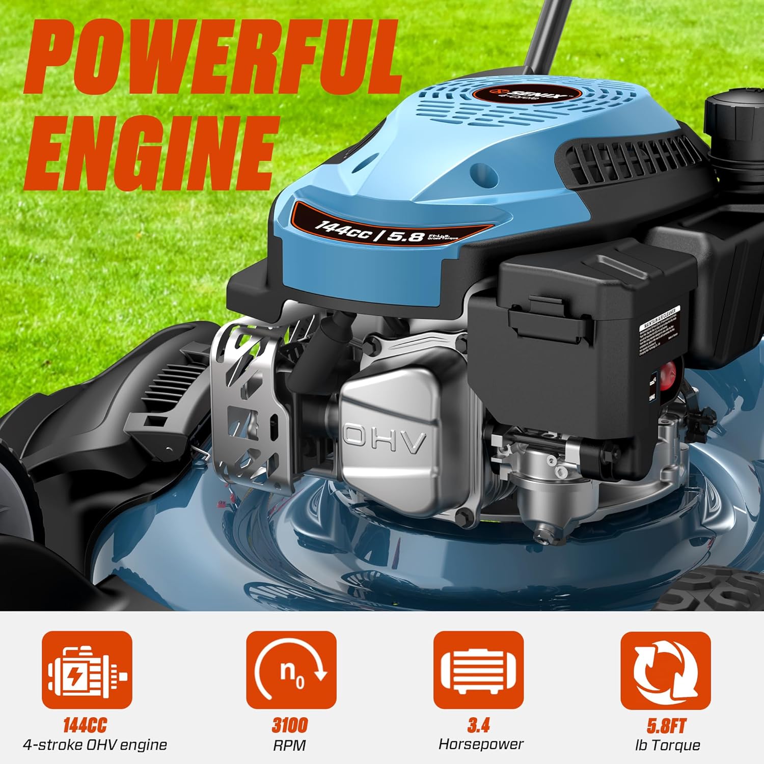 SENIX 21-Inch Gas Lawn Mower, 144cc 4-Cycle Engine, 2-in-1 Mulching & Side Discharge, 6-Position Height Adjustment, Push Walk-Behind Mower for Residential Yard & Garden - Image 6