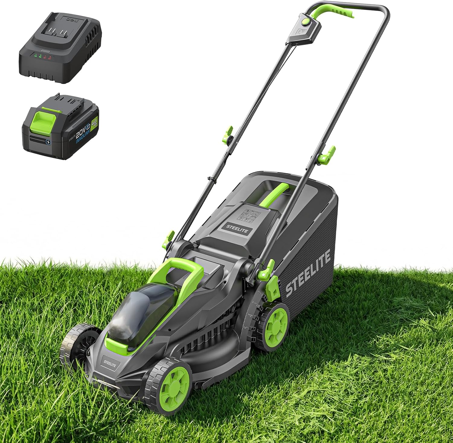 STEELITE 13-Inch Cordless Electric Lawn Mower, 21V Brushless Battery Push Mower with 4.0Ah Battery & Charger, 5-Position Height Adjustment, 8-Gallon Grass Bag - 1