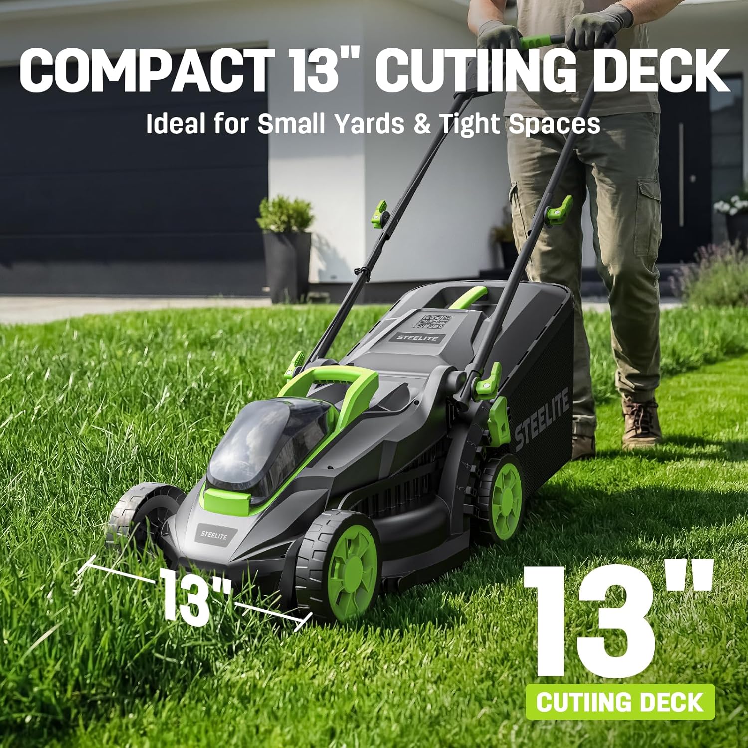 STEELITE 13-Inch Cordless Electric Lawn Mower, 21V Brushless Battery Push Mower with 4.0Ah Battery & Charger, 5-Position Height Adjustment, 8-Gallon Grass Bag - Image 3