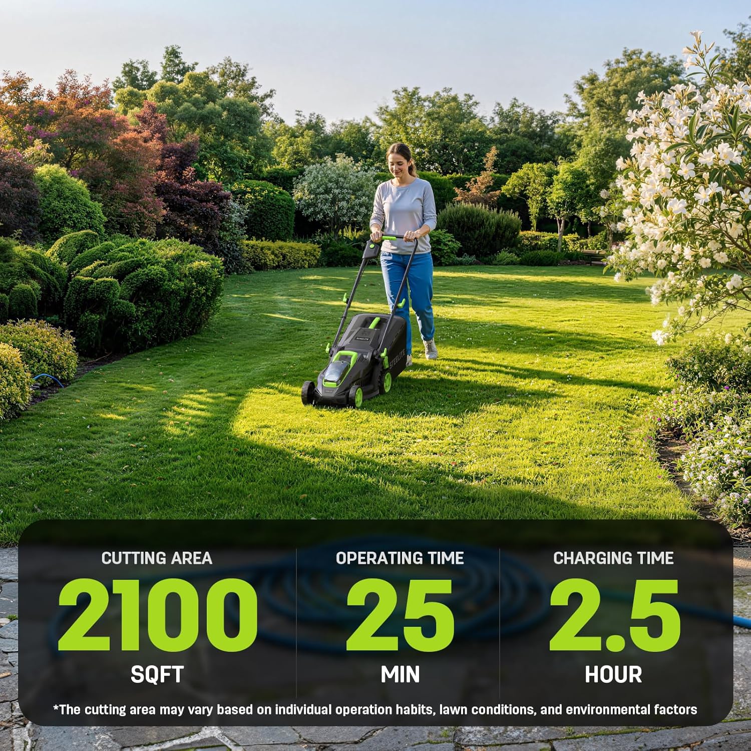 STEELITE 13-Inch Cordless Electric Lawn Mower, 21V Brushless Battery Push Mower with 4.0Ah Battery & Charger, 5-Position Height Adjustment, 8-Gallon Grass Bag - Image 5