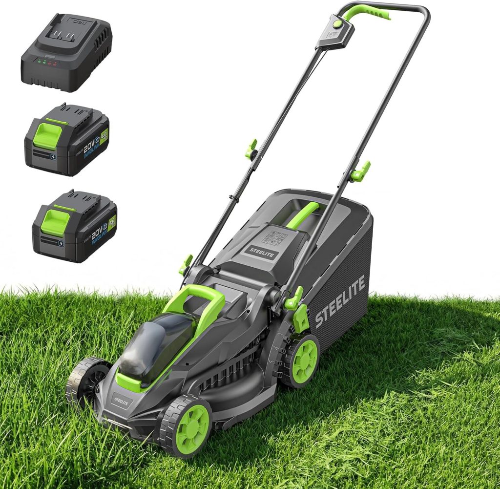 STEELITE 2x20V 13 Inch Brushless Electric Lawn Mower, Ultra-Lightweight with 2x4.0Ah Batteries for 50-Min Runtime, User-Friendly Cordless Push Mower for Garden, Yard & Farm