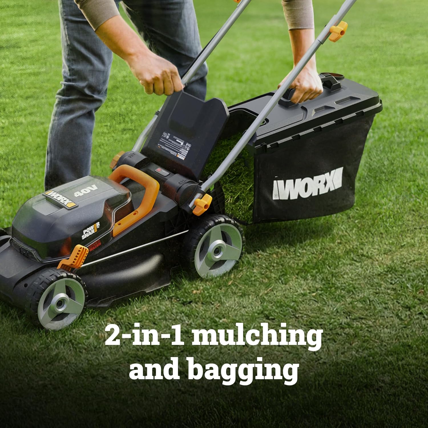 WORX Cordless Lawn Mower, 14" 40V Electric Mower with Brushless Motor, Lightweight 2 in 1 Push Lawn Mower with 6-Position Height Adjustment for Small Yards, 2 Batteries & Charger Included, WG735 - Image 7