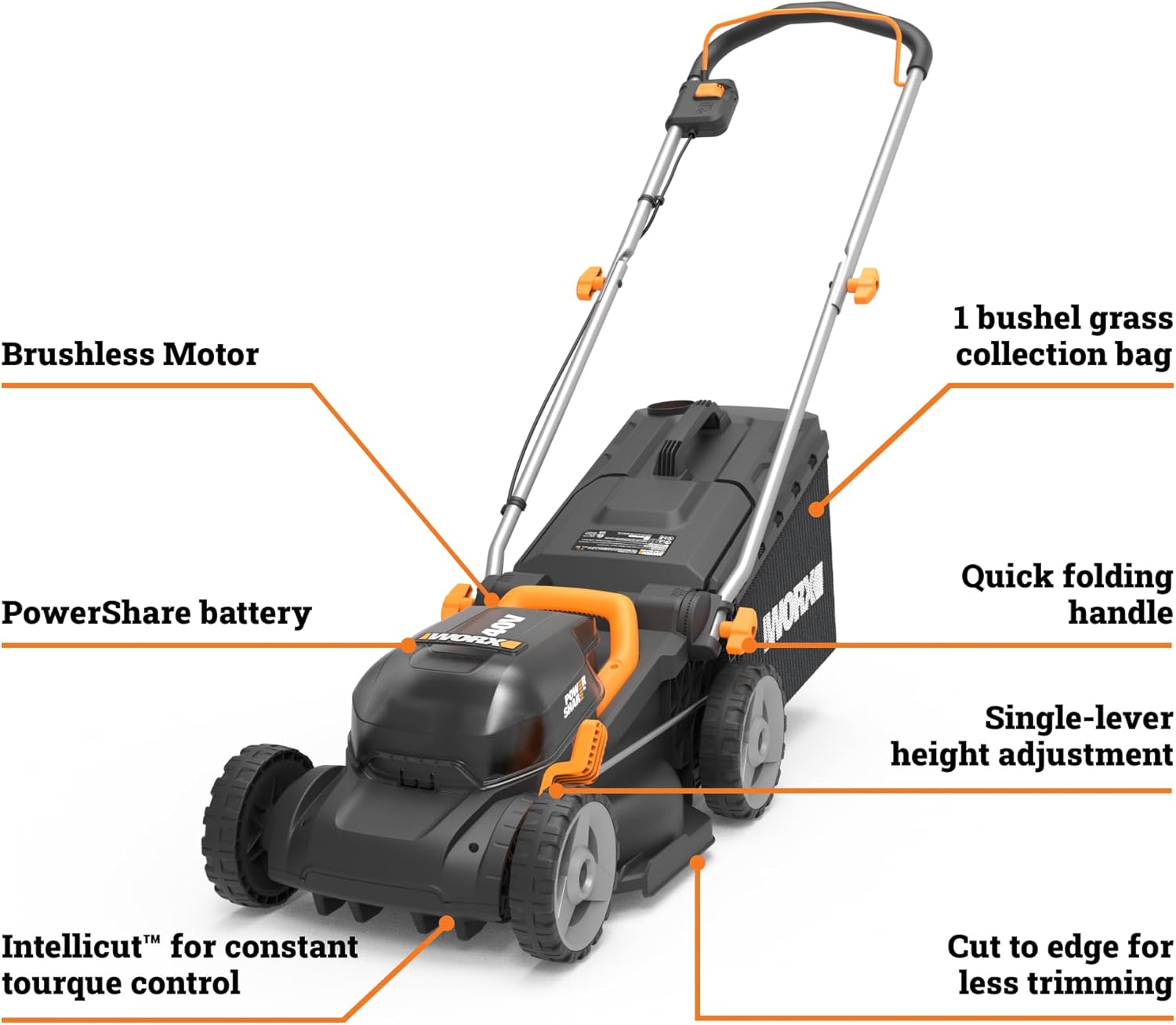 WORX Cordless Lawn Mower, 14" 40V Electric Mower with Brushless Motor, Lightweight 2 in 1 Push Lawn Mower with 6-Position Height Adjustment for Small Yards, 2 Batteries & Charger Included, WG735 - Image 3