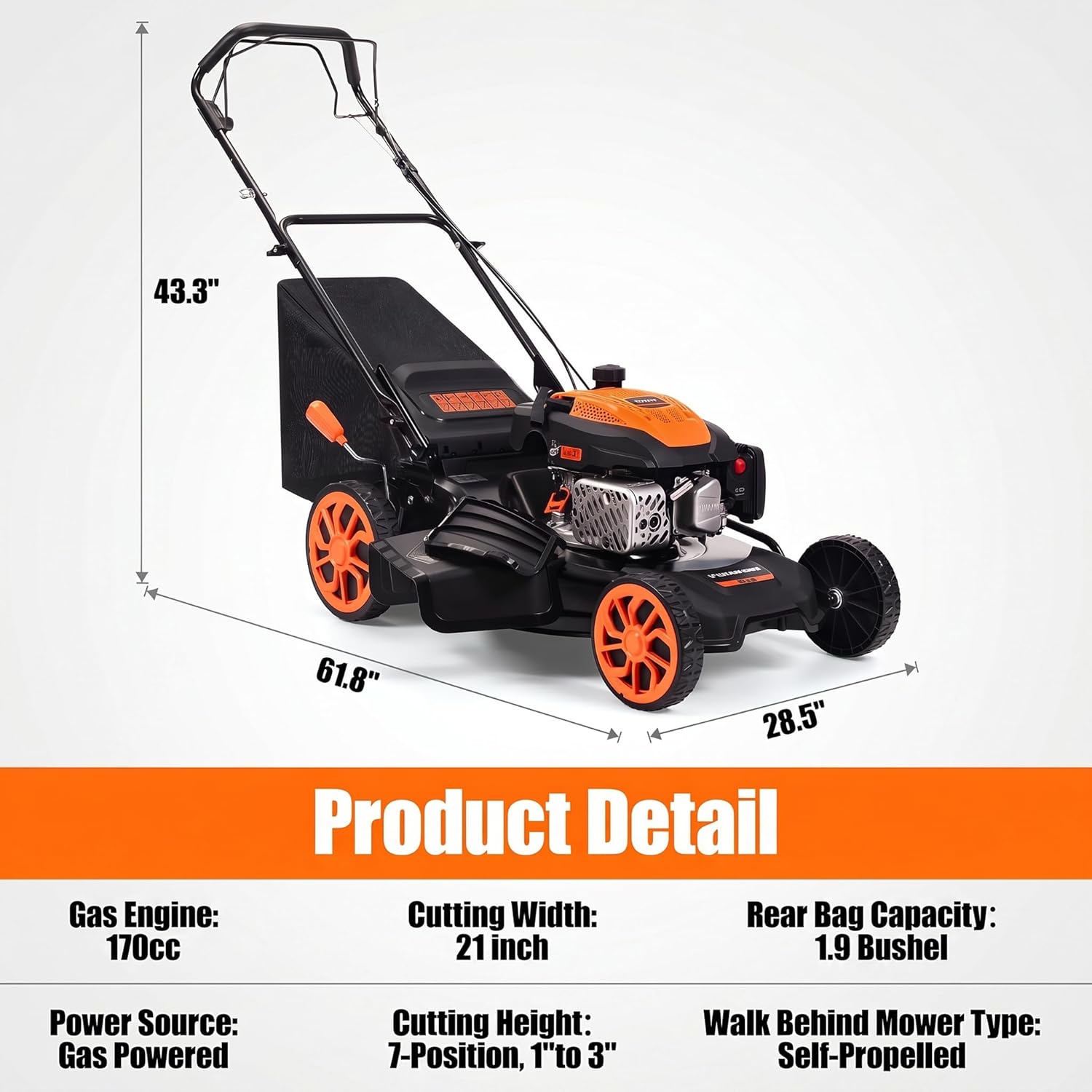 21" Self-Propelled Gas Lawn Mower – 170CC 4-Stroke Engine, 7 Cutting Heights, 3-in-1 Mulch/Bag/Discharge, 1.9-Bushel Large Grass Collector, EPA Compliant - Image 9