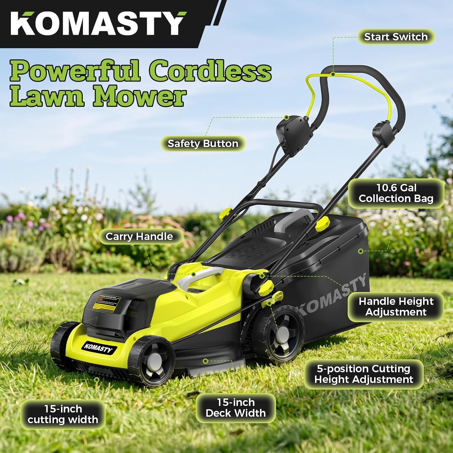 40V Electric Lawn Mower 15" Cordless Battery Powered Mower, 2 in 1 Mulching Lawnmower with 5-Position Height Adjustment 10.6 Gallon Bag, Small Push Lawn Trimmer, 2X4.0Ah Battery and 2 Chargers - Image 6