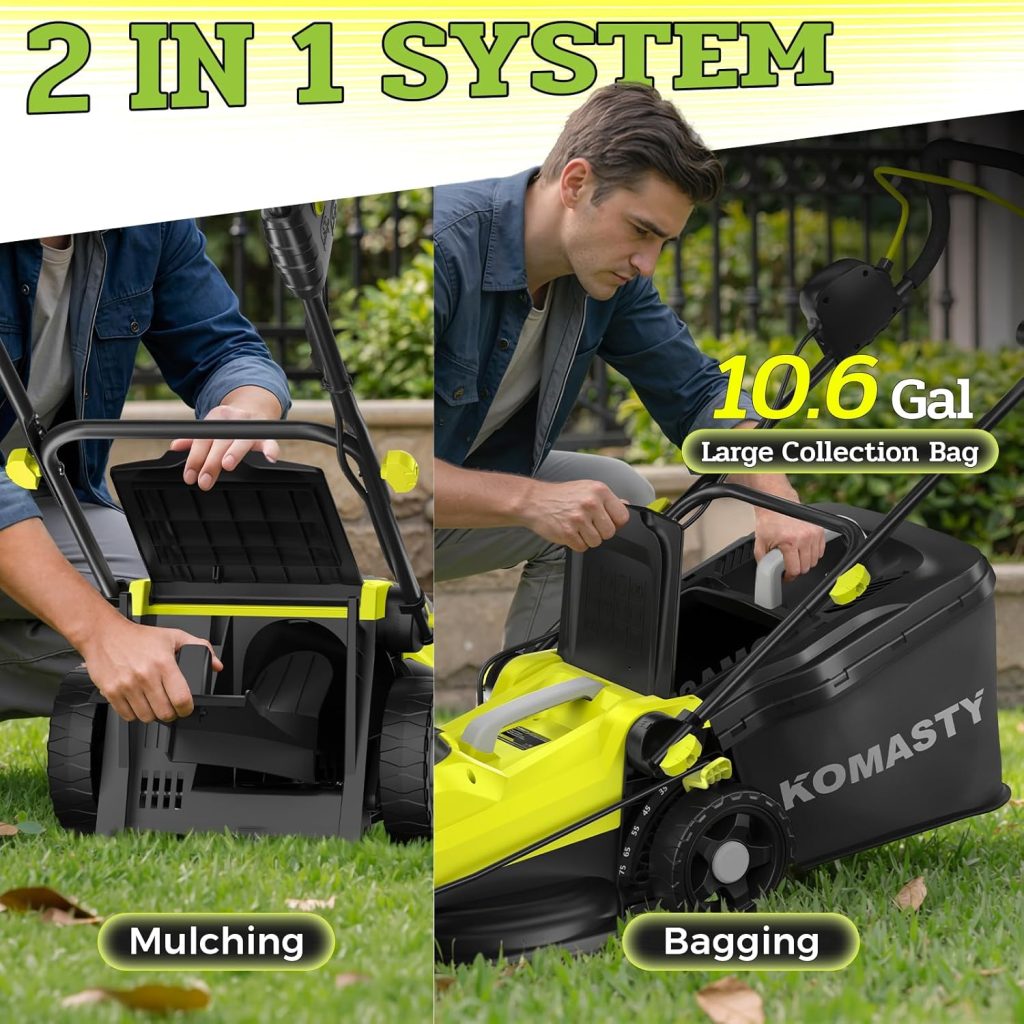 40V Electric Lawn Mower 15" Cordless Battery Powered Mower, 2 in 1 Mulching Lawnmower with 5-Position Height Adjustment 10.6 Gallon Bag, Small Push Lawn Trimmer, 2X4.0Ah Battery and 2 Chargers