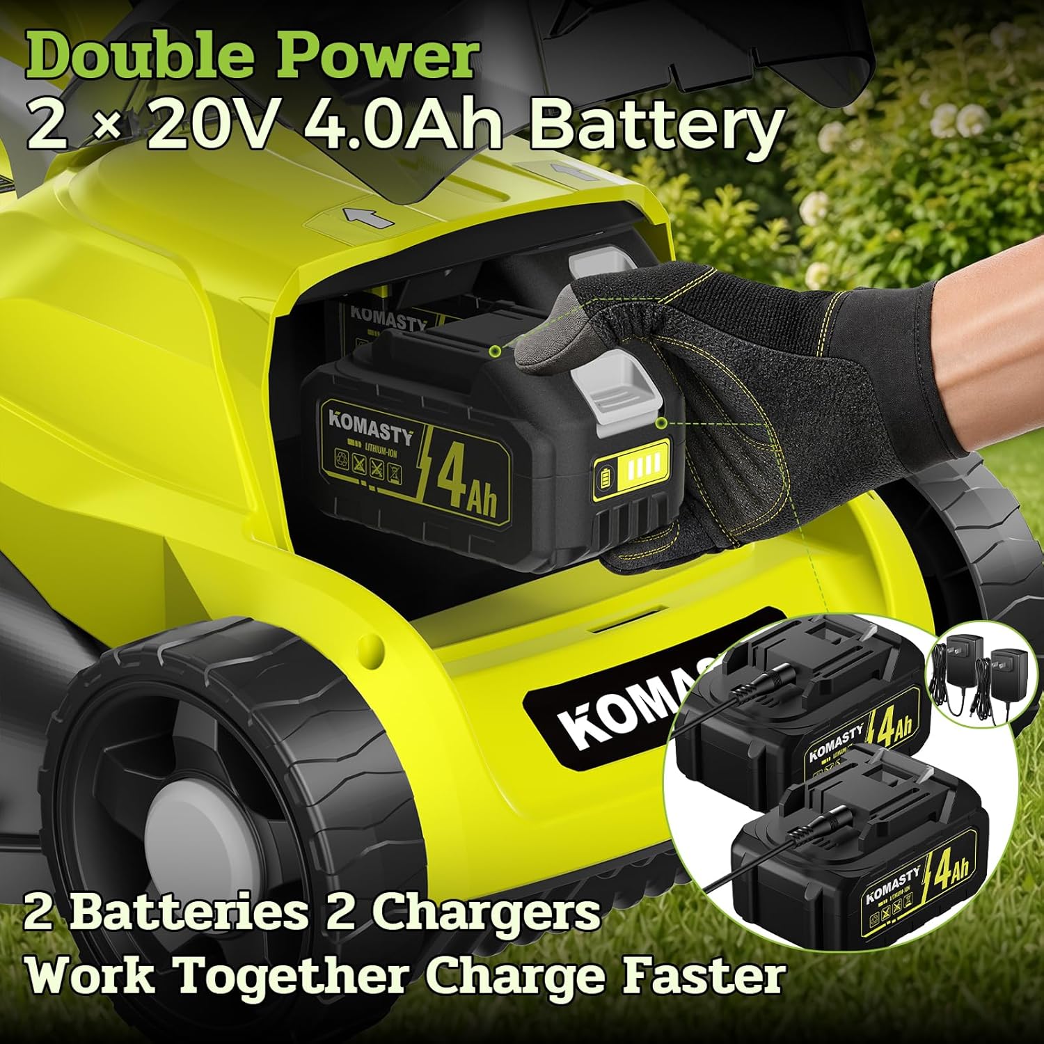 40V Electric Lawn Mower 15" Cordless Battery Powered Mower, 2 in 1 Mulching Lawnmower with 5-Position Height Adjustment 10.6 Gallon Bag, Small Push Lawn Trimmer, 2X4.0Ah Battery and 2 Chargers - Image 4