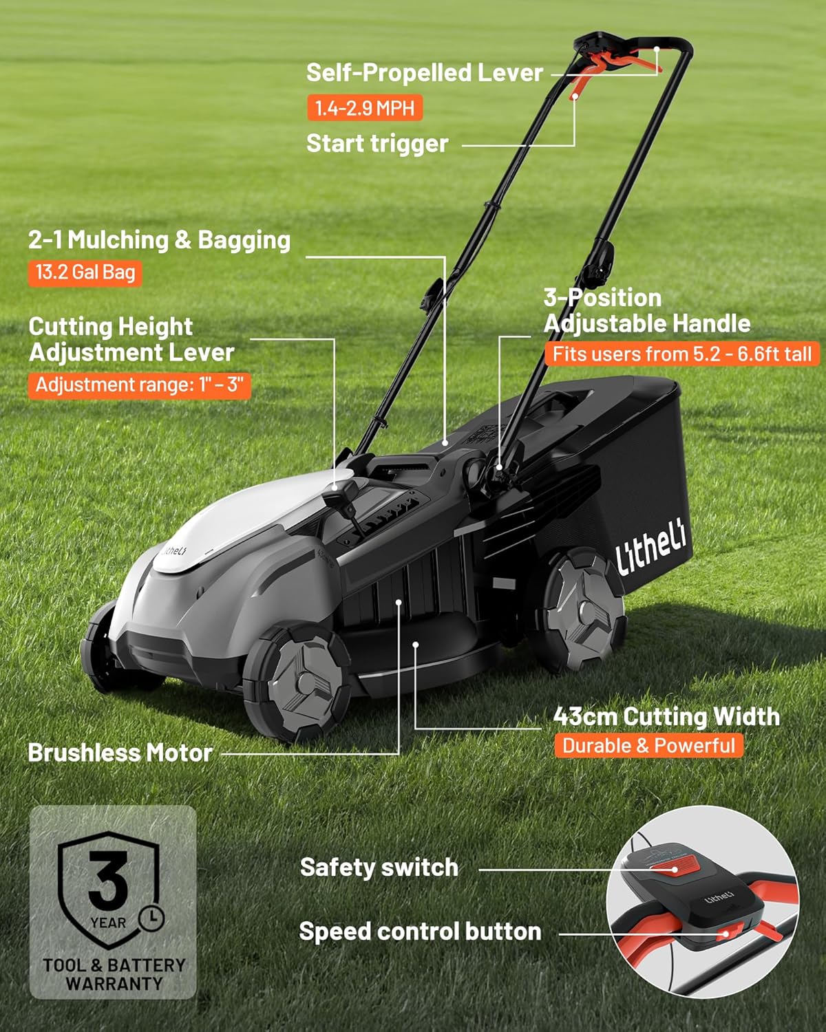 Litheli 18-inch 40V Self-Propelled Brushless Lawn Mower for Garden Yards, Lightweight Cordless Mower with 6-Position Height Adjustment, 2×5.0Ah Batteries Included - Image 8
