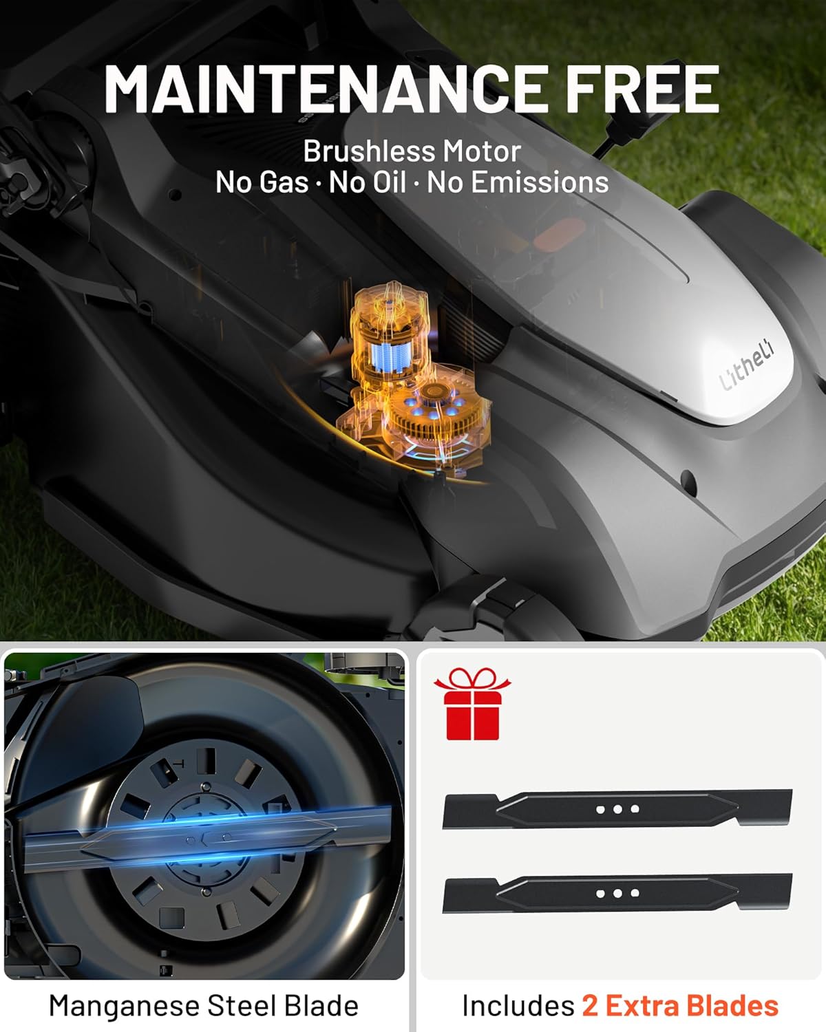 Litheli 18-inch 40V Self-Propelled Brushless Lawn Mower for Garden Yards, Lightweight Cordless Mower with 6-Position Height Adjustment, 2×5.0Ah Batteries Included - Image 6