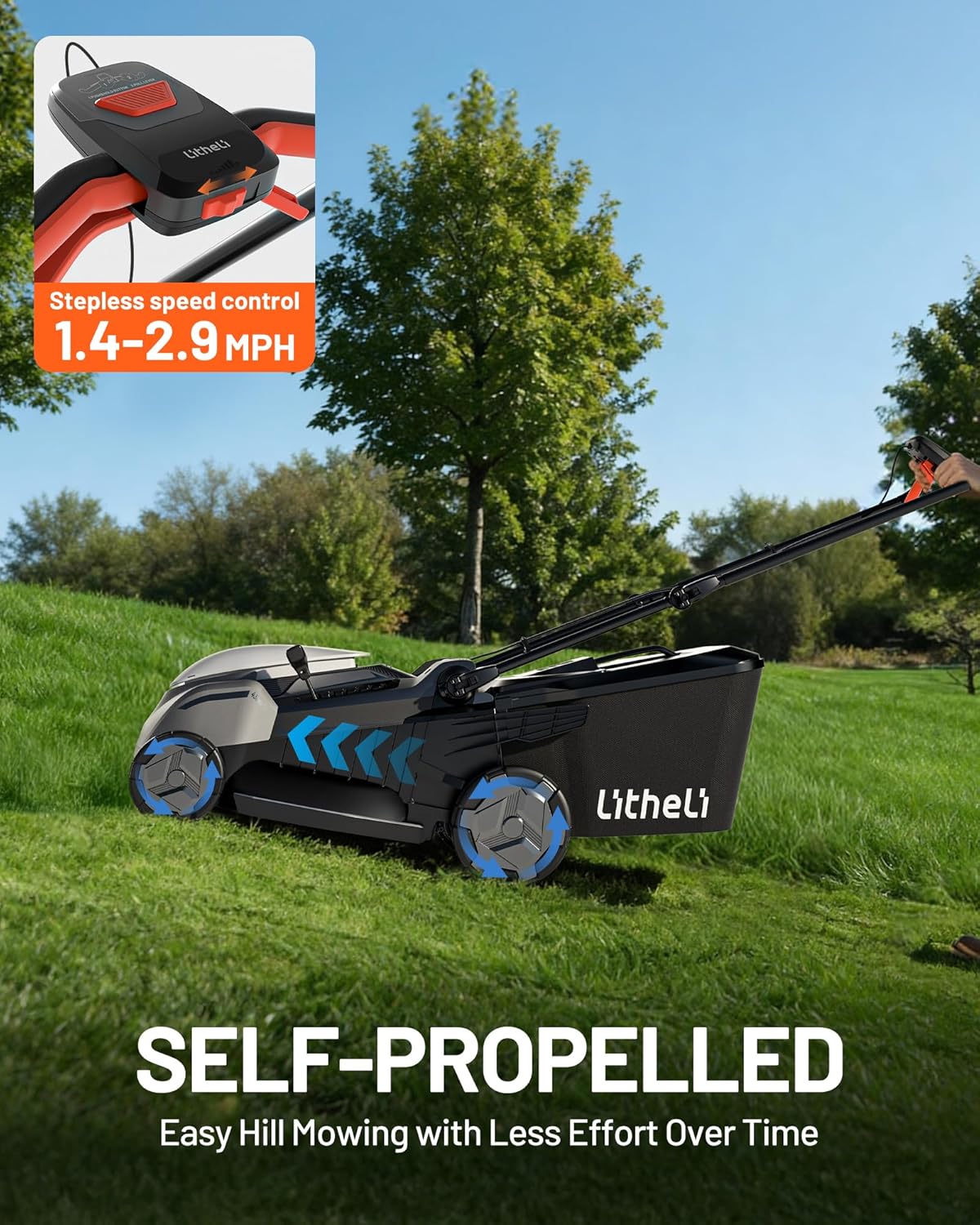 Litheli 18-inch 40V Self-Propelled Brushless Lawn Mower for Garden Yards, Lightweight Cordless Mower with 6-Position Height Adjustment, 2×5.0Ah Batteries Included - Image 7