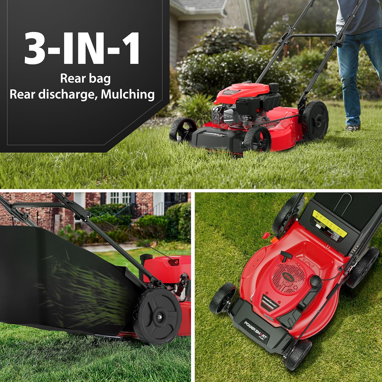 PowerSmart 21-Inch 3-in-1 Gas Self-Propelled Lawn Mower,170CC OHV Engine,Bagging/Mulching/Rear Discharging, 6 Cutting Heights, Durable Steel Deck, Rear-Wheel Drive, for Garden, Yard, - Image 9