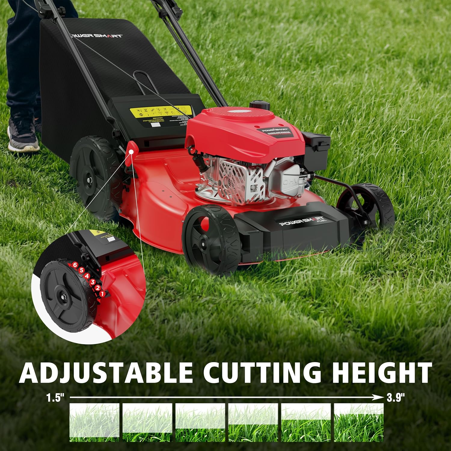 PowerSmart 21-Inch 3-in-1 Gas Self-Propelled Lawn Mower,170CC OHV Engine,Bagging/Mulching/Rear Discharging, 6 Cutting Heights, Durable Steel Deck, Rear-Wheel Drive, for Garden, Yard, - Image 8